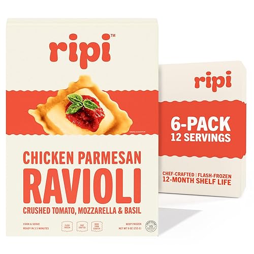 Ripi Chicken Parmesan Ravioli - Crushed Tomatoes, Mozzarella & Basil - Frozen Pasta Meal - Ready in Under 5 Minutes, 9oz packs (6 Pack, Chicken