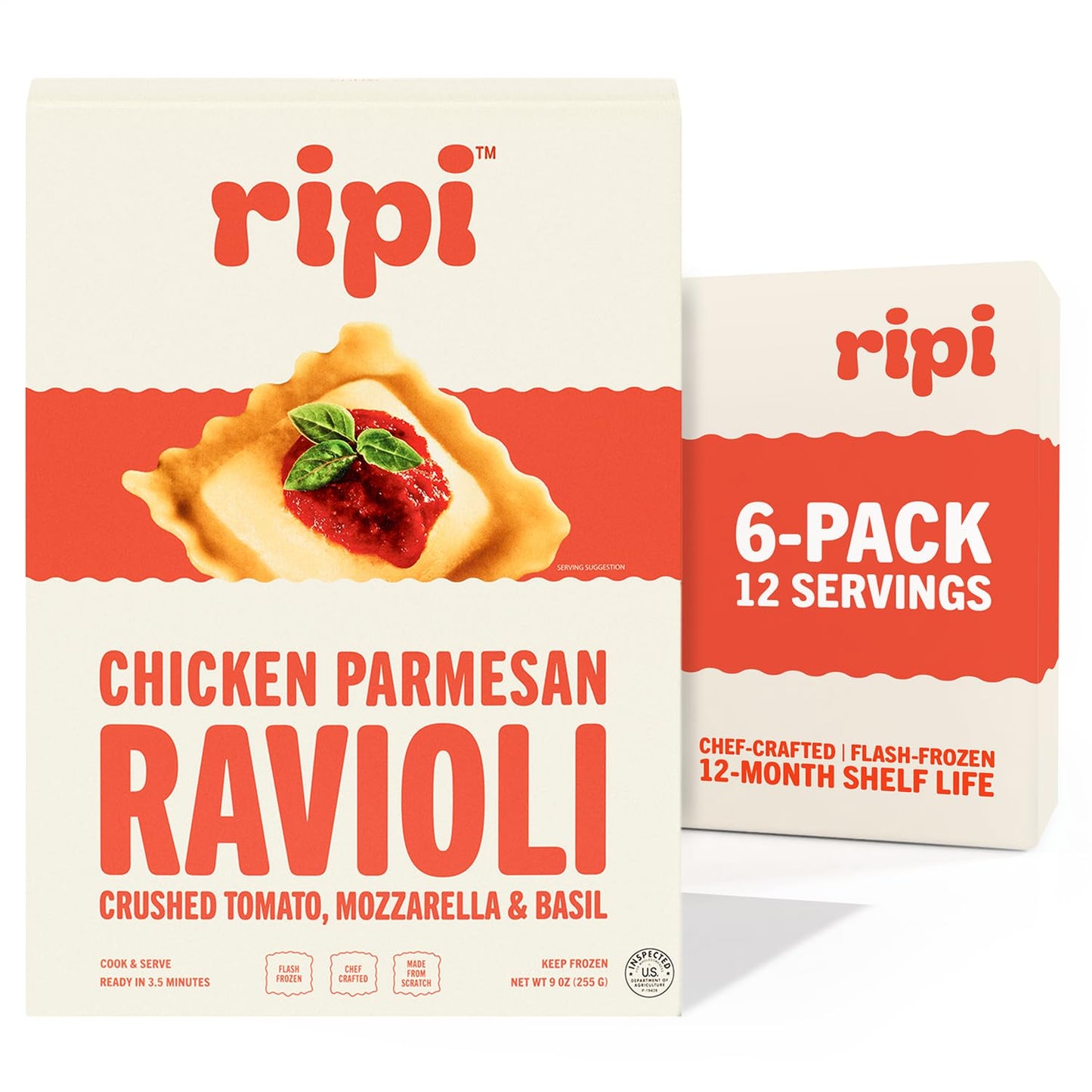 Ripi Chicken Parmesan Ravioli - Crushed Tomatoes, Mozzarella & Basil - Frozen Pasta Meal - Ready in Under 5 Minutes, 9oz packs (6 Pack, Chicken