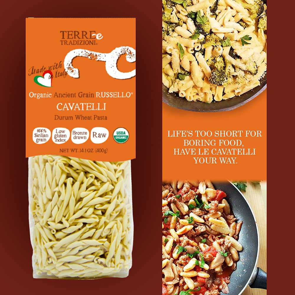 3 PACKS ORGANIC ITALIAN DURUM WHEAT CAVATELLI PASTA - Sicilian Ancient Grain Russello Vegan Crafted in Italy. LOW-GLUTEN INDEX. Has 6X More Fiber