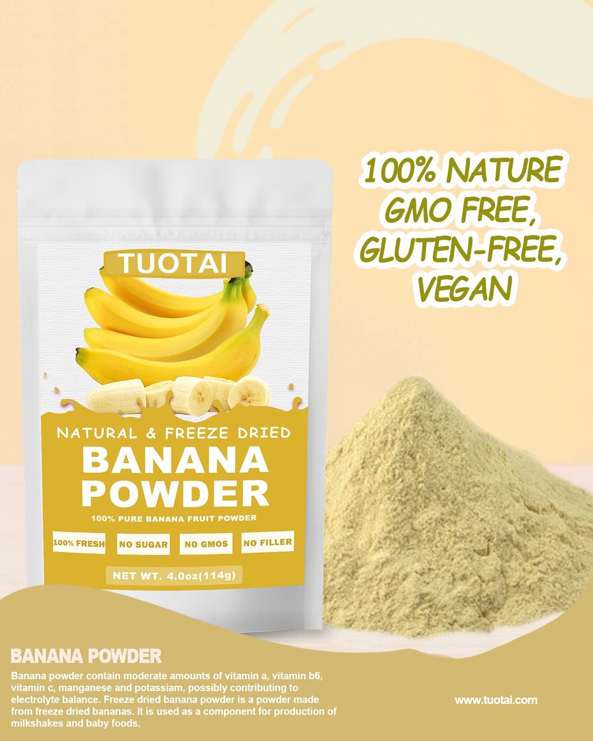 Nature Banana Fruit Powder,4 Ounces,Freeze Dried Banana Powder for Cake, Drinks and Baking Food