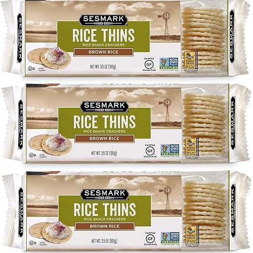 SESMARK Brown Rice Thins - Gluten Free, Non-GMO, Whole Grain Certified, Kosher - Wholesome and Flavorful Crackers - 3.5oz (Pack of 3)