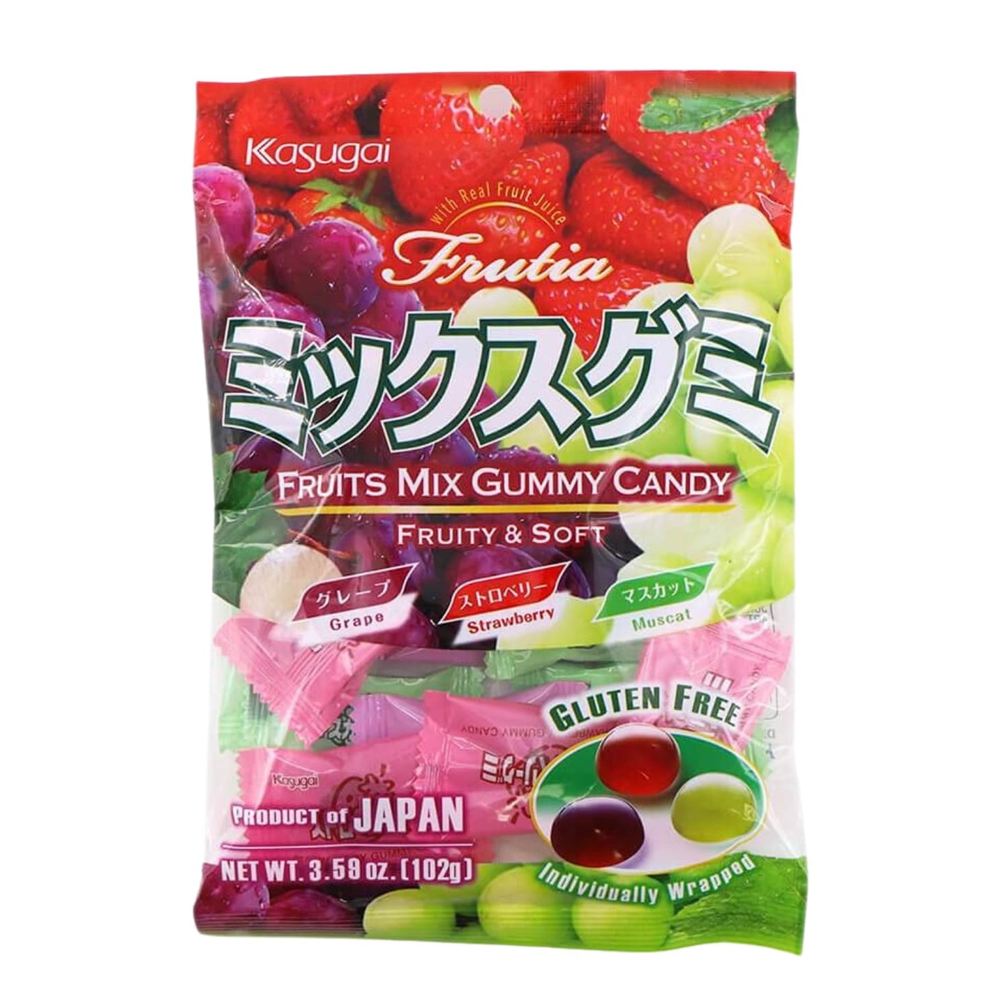 Kasugai Frutia Fruit Gummy Candy Assortment Fruity and Soft (4 Pack) Lychee, Mango, Strawberry and Grape, Strawberry, Muscat with 2 Gosutoys Stickers