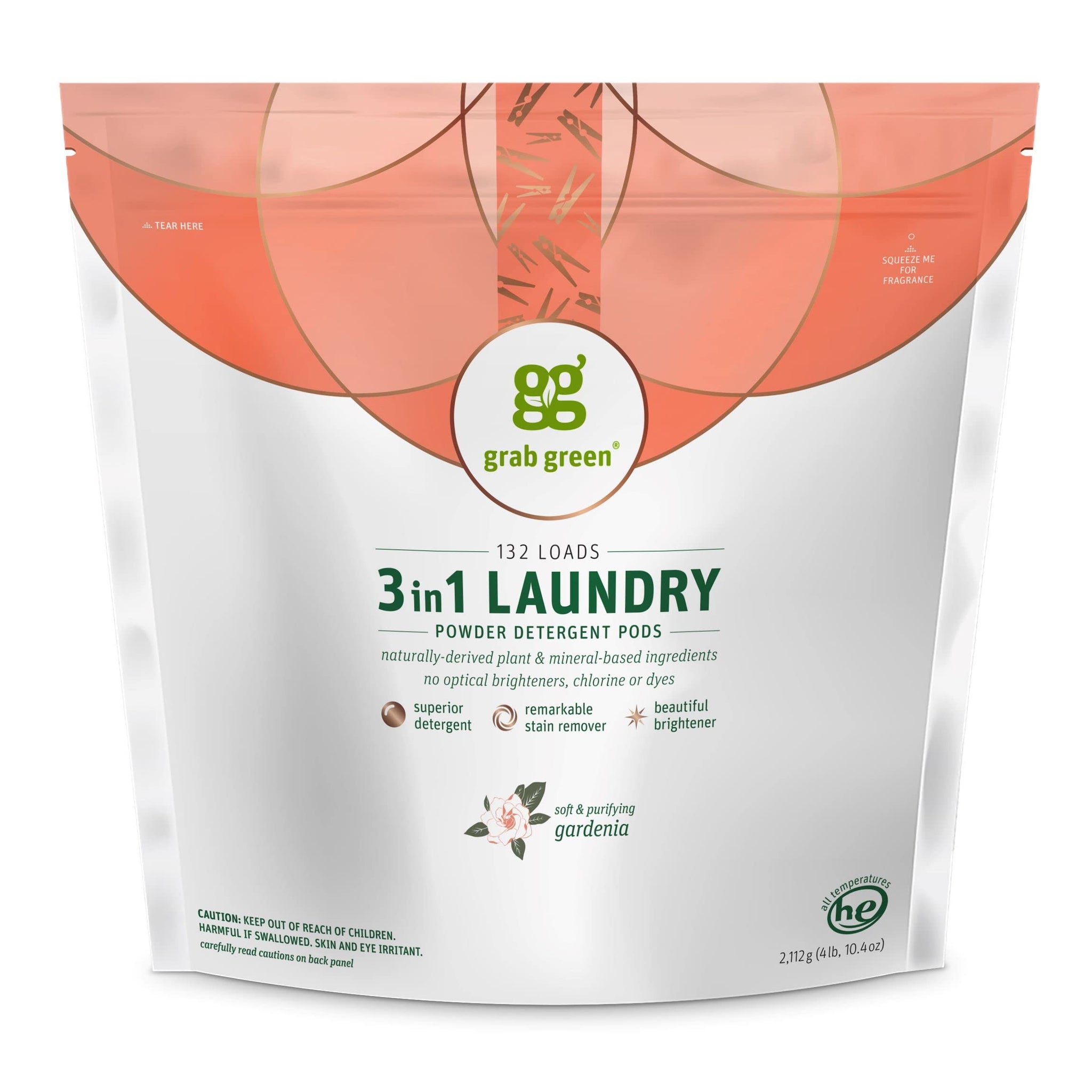 Grab Green Natural 3 in 1 Laundry Detergent Pods, Gardenia-with Essential Oils, 132 Loads, Organic Enzyme-Powered, Plant & Mineral-Based, White