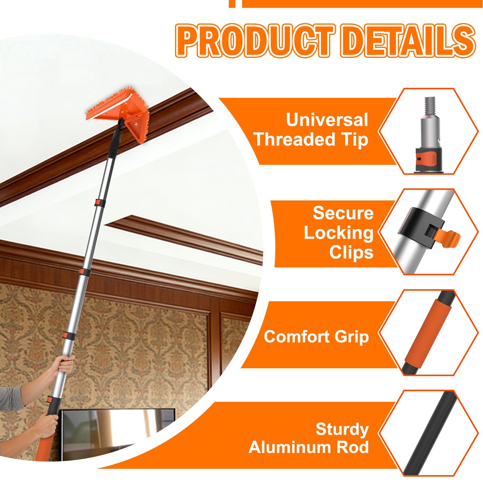 LAANPOLE 26FT Reach Dusters for Cleaning, Ceiling Fan Cleaner Duster with Extension Pole, Wall and Baseboard Cleaner Mop with Handle for Window Cobweb