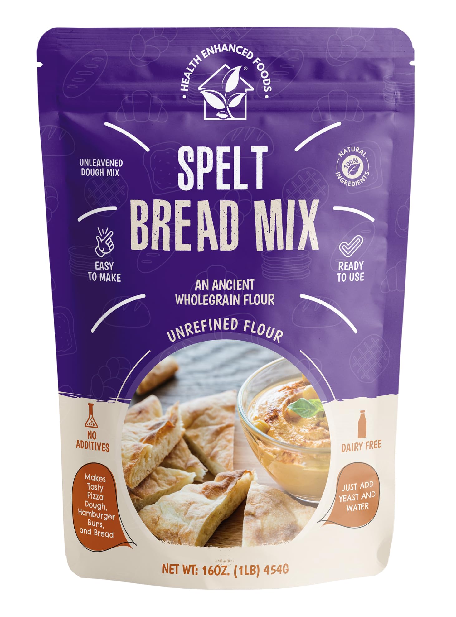 Health Enhanced Foods Spelt Bread Mix [2 Pack - 16 oz / 1 LB] - Easy-to-Make, Wholegrain Ancient Spelt Flour with Sunflower Seeds - No Additives, Dairy-Free, Vegan, Kosher