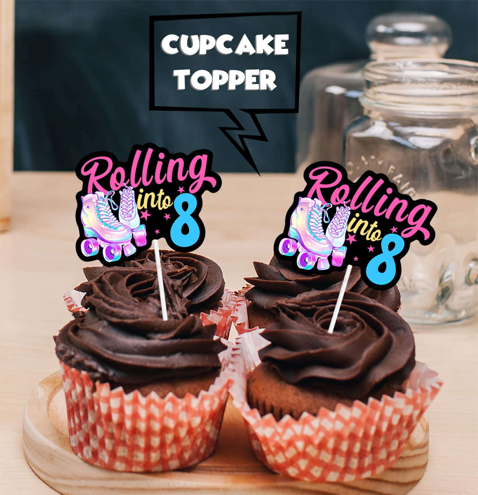 18pcs Black Glitter Pink Roller Skates Dessert Cupcake Topper 80s 90s Retro Hip Hop Roller Skating Rolling into 8 Theme Decor Supplies Boy Girl 8th