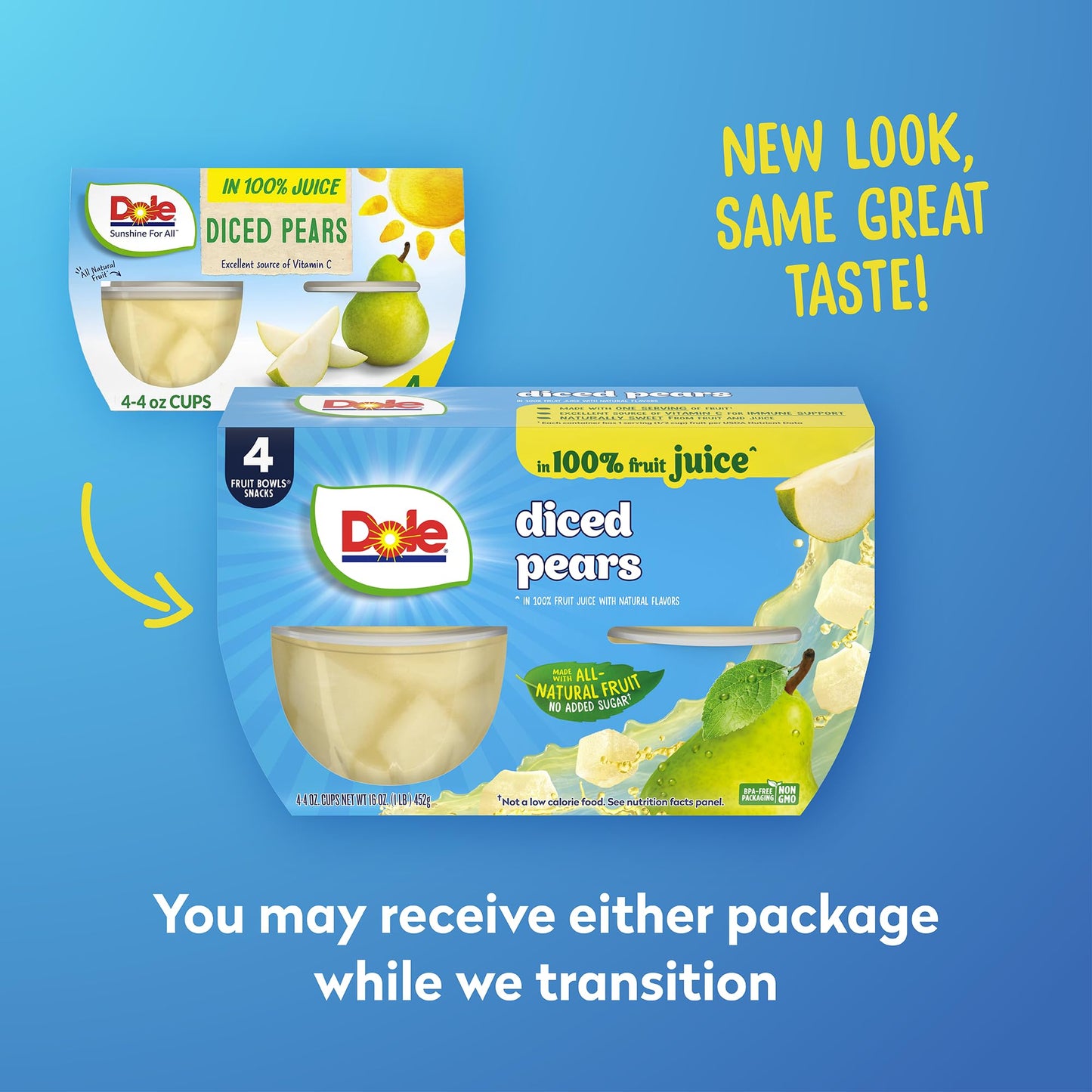 Dole Diced Pears in 100% Juice - Dole Fruit Bowls Snacks - 4 oz Fruit Bowls - 4 Pack