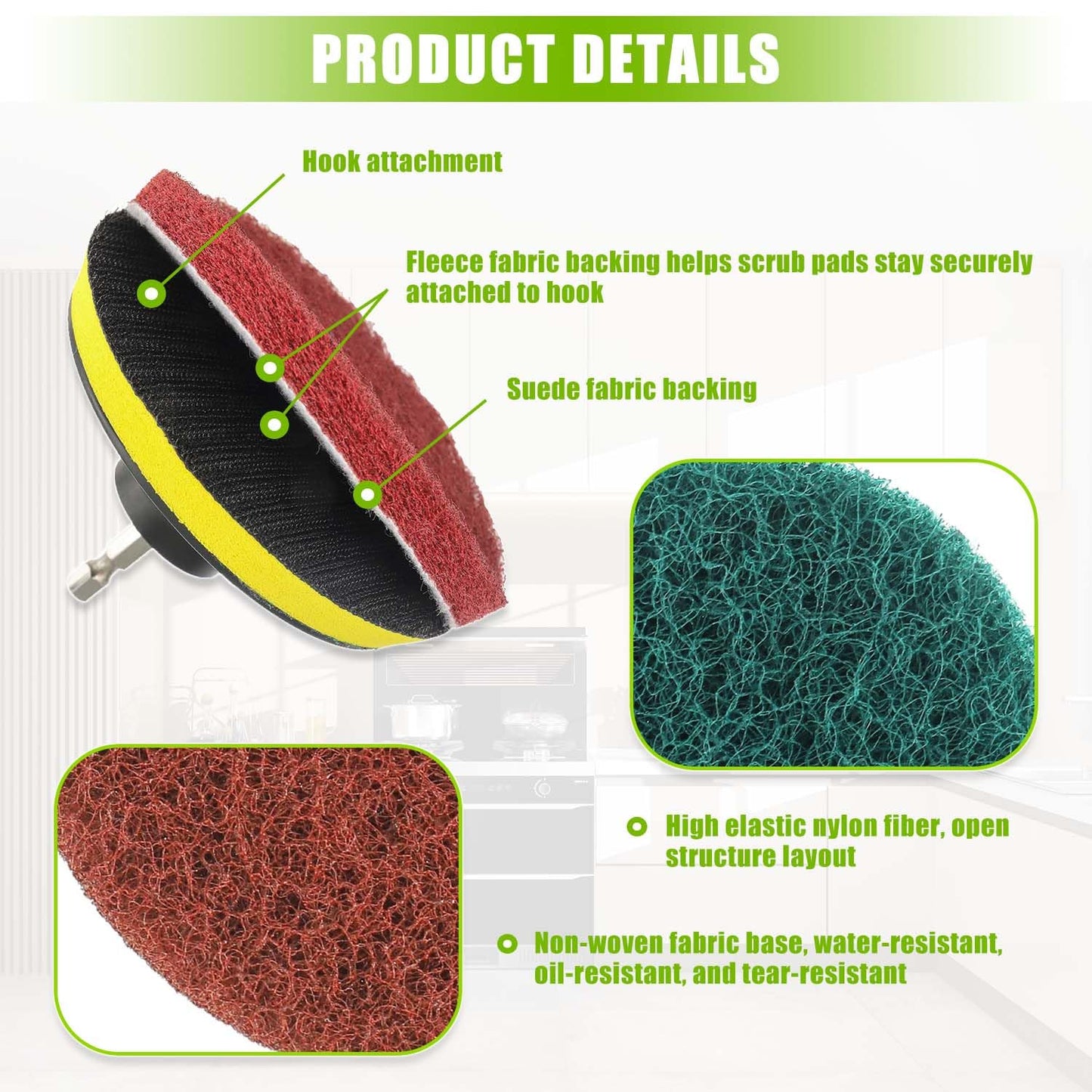 EPLZON 4 Inch Scrub Drill Brush Power Scouring Pads Household Cleaning Set for Kitchen Bathroom 4 Red Pads 4 Green Pads 1 Drill Attachment and 1