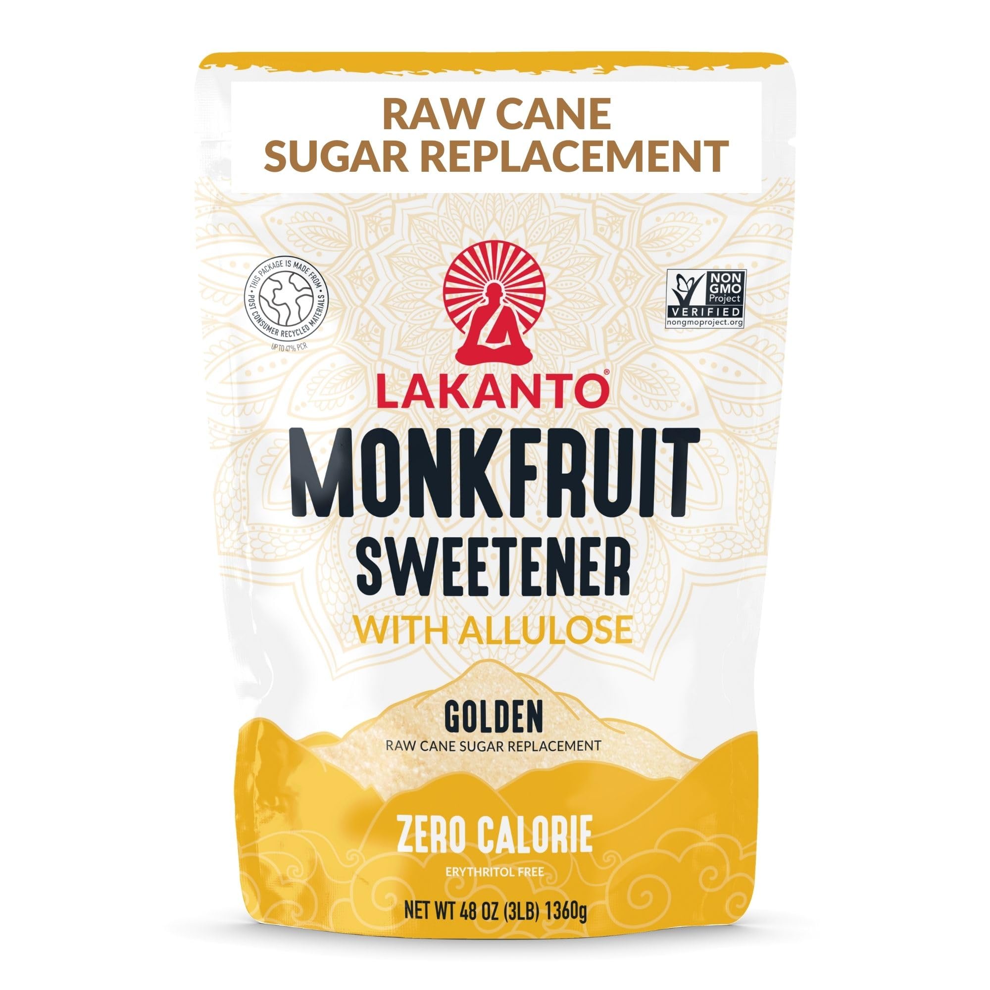 Lakanto Golden Monk Fruit Sweetener With Allulose, Raw Cane Sugar Substitute From Monk Fruit Extract, Raw Sugar Replacement for Baking, Coffee & Tea, Gluten Free, Low Carb, Non GMO, Keto, 3 LB Bag