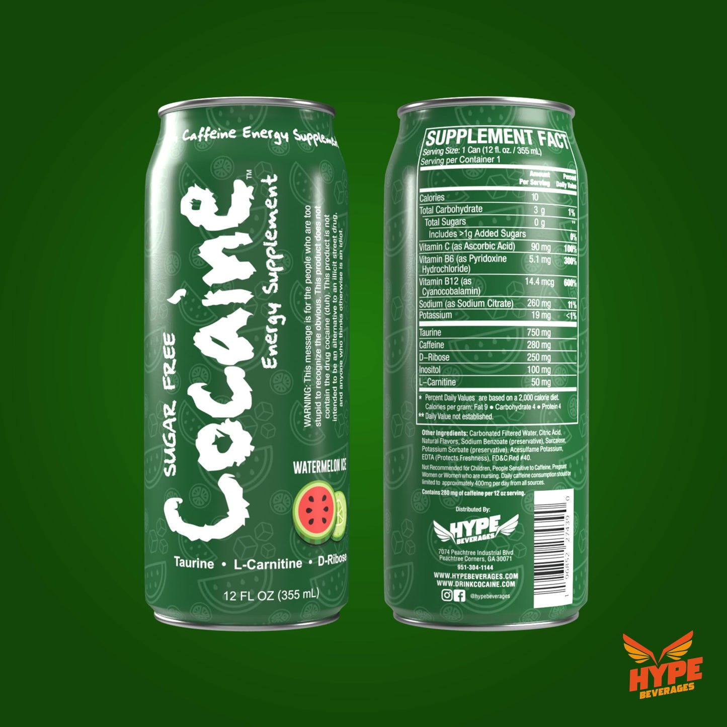 Hype Beverages Official Pre Workout Sugar Free Watermelon Energy Drink - 280mg Caffeine, 750mg Taurine, 50mg L-Carnitine, Vitamin C, B6, B12 - Healthy
