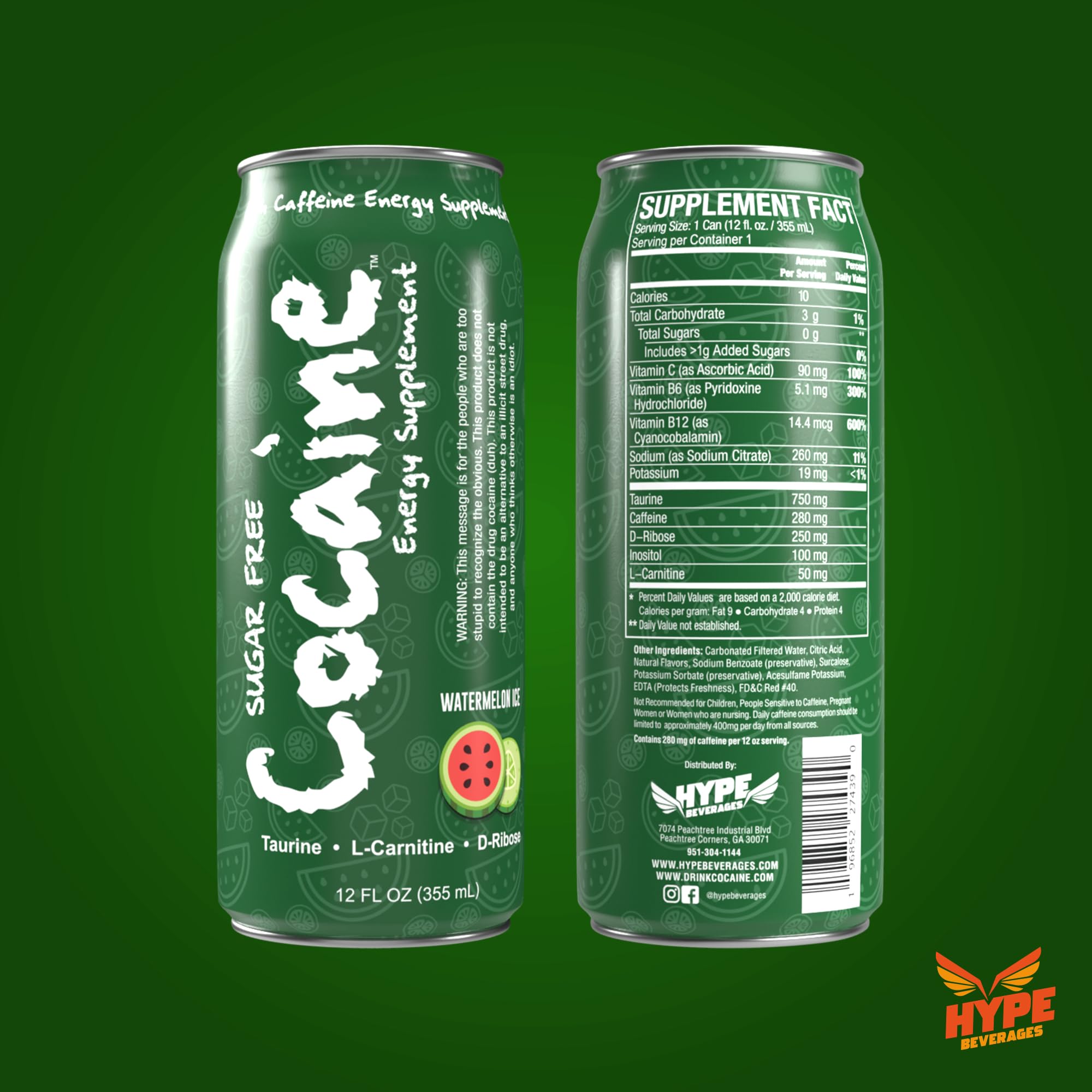 Hype Beverages Official Pre Workout Sugar Free Watermelon Energy Drink - 280mg Caffeine, 750mg Taurine, 50mg L-Carnitine, Vitamin C, B6, B12 - Healthy