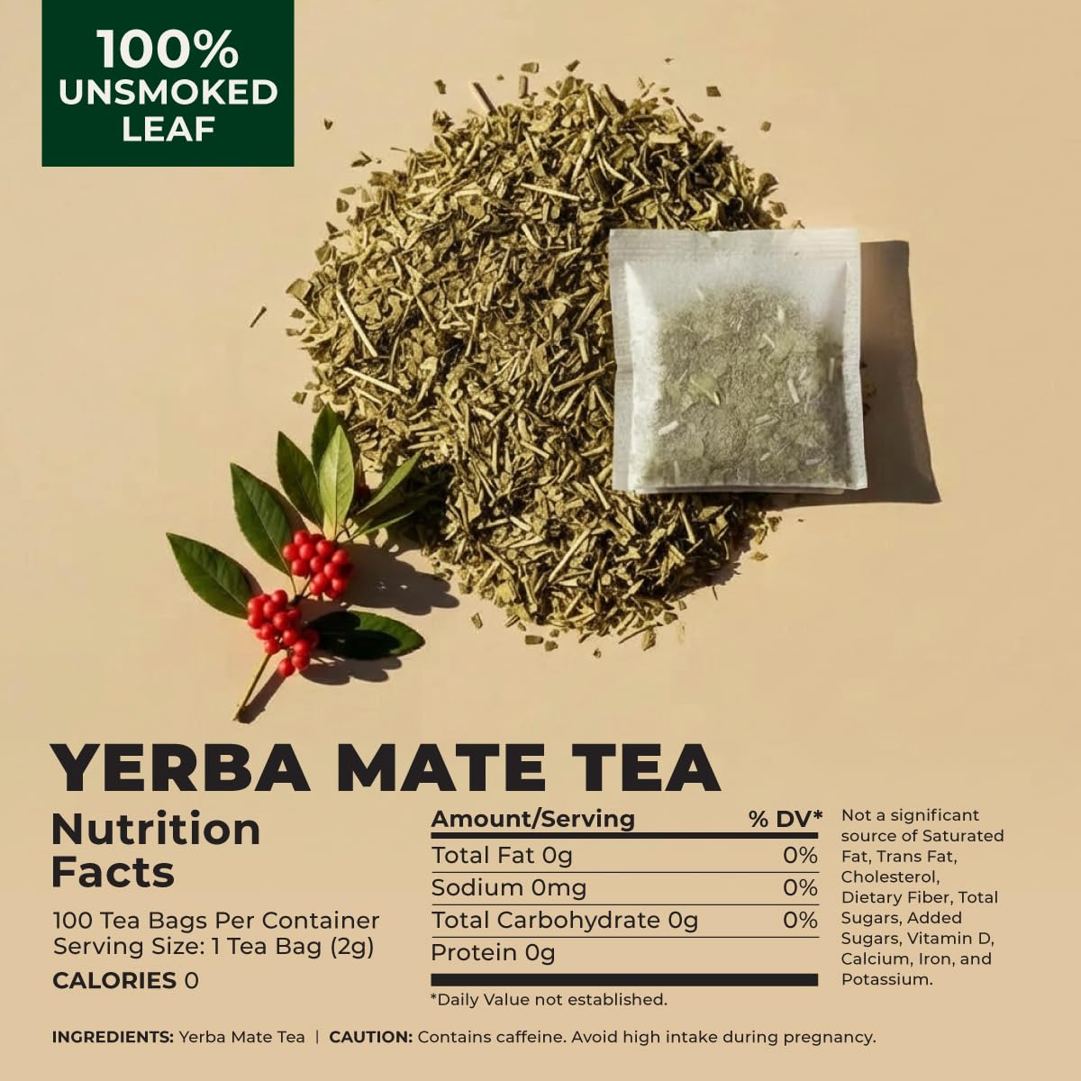 Gya Tea Co Yerba Mate Tea Bags (100 Bags) - Medium Caffeine Unsmoked Yerba Mate Leaves for Energy & Mental Clarity, Coffee Alternative - Non-GMO