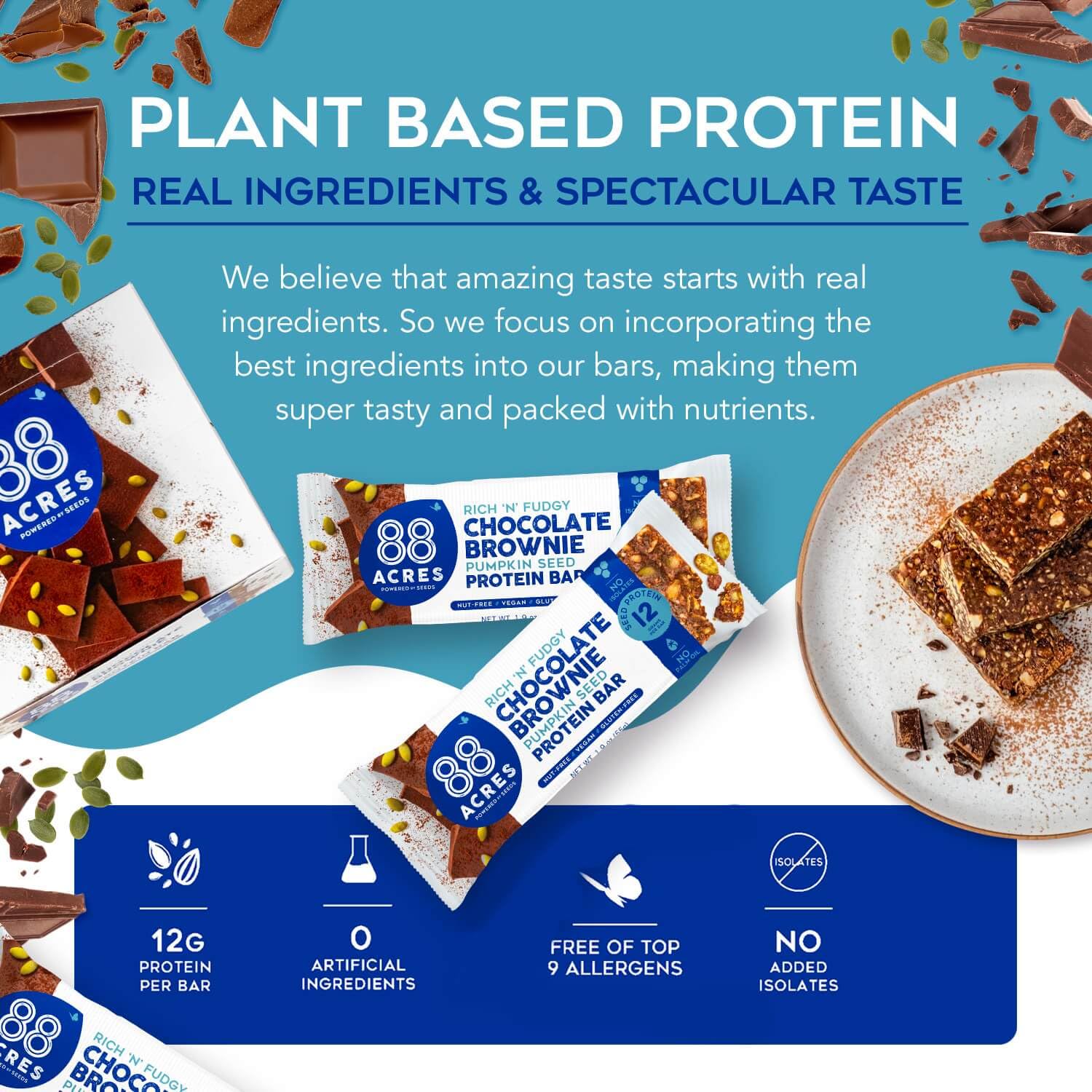 88 Acres Pumpkin Seed Protein Bars, Fudge Brownie, 9 Count, 12g Plant-Based Protein, Gluten Free, Nut Free, School Safe Snack Bar, Vegan, Non-GMO