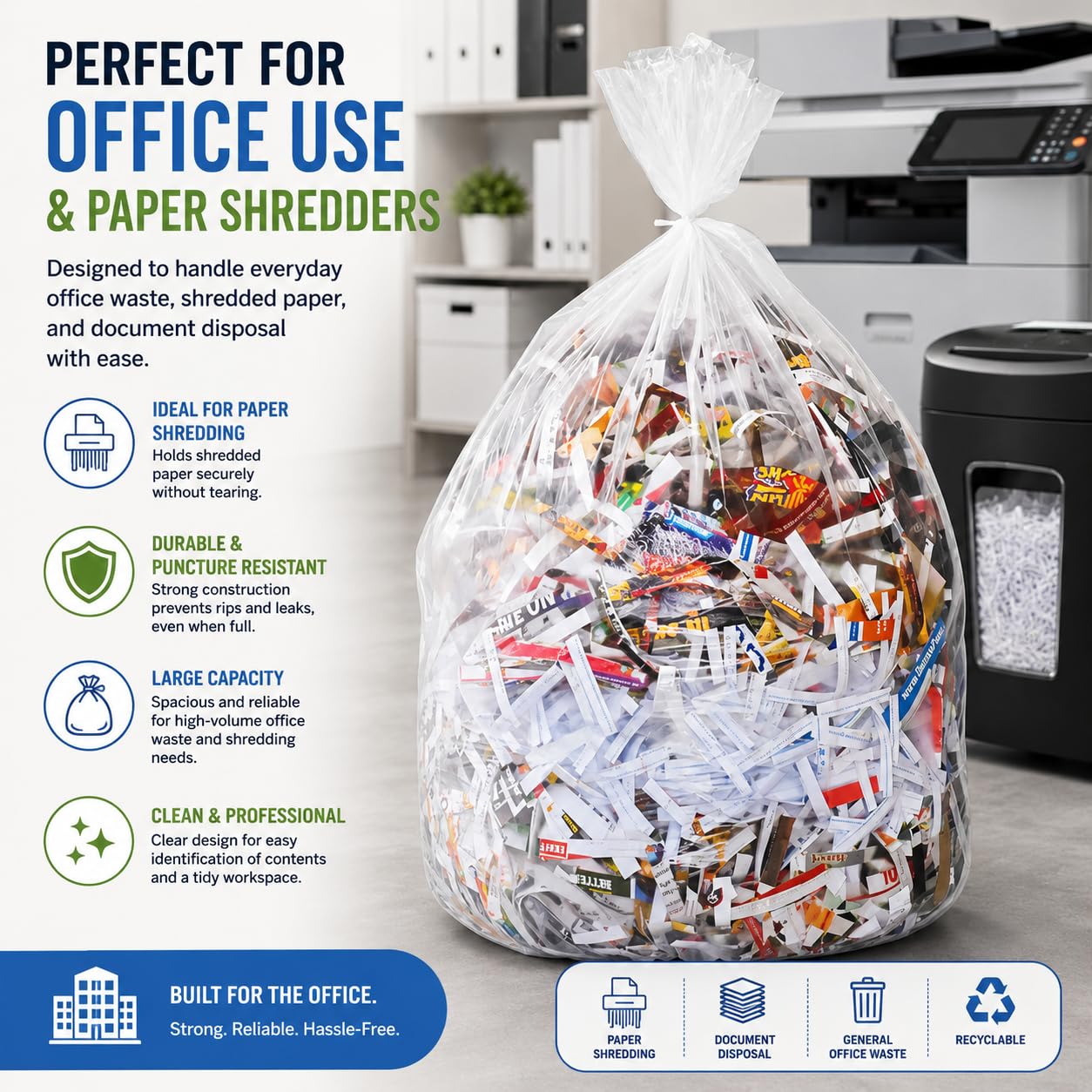 7-10 Gallon Clear Garbage Bags (110 Bags) 29" x 24" Extra Large Medium Kitchen Trash Bags Paper Shredder Bags Can Liners for Home and Office Bins, 110