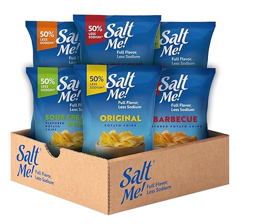 SaltMe! 4 flavor variety pack Potato Chips, 50% Low Salt, Kosher, Non-GMO, Better for You Chips, Original-BBQ-SC&Onion-Ched&Sour Cream 5 Ounces, Pack