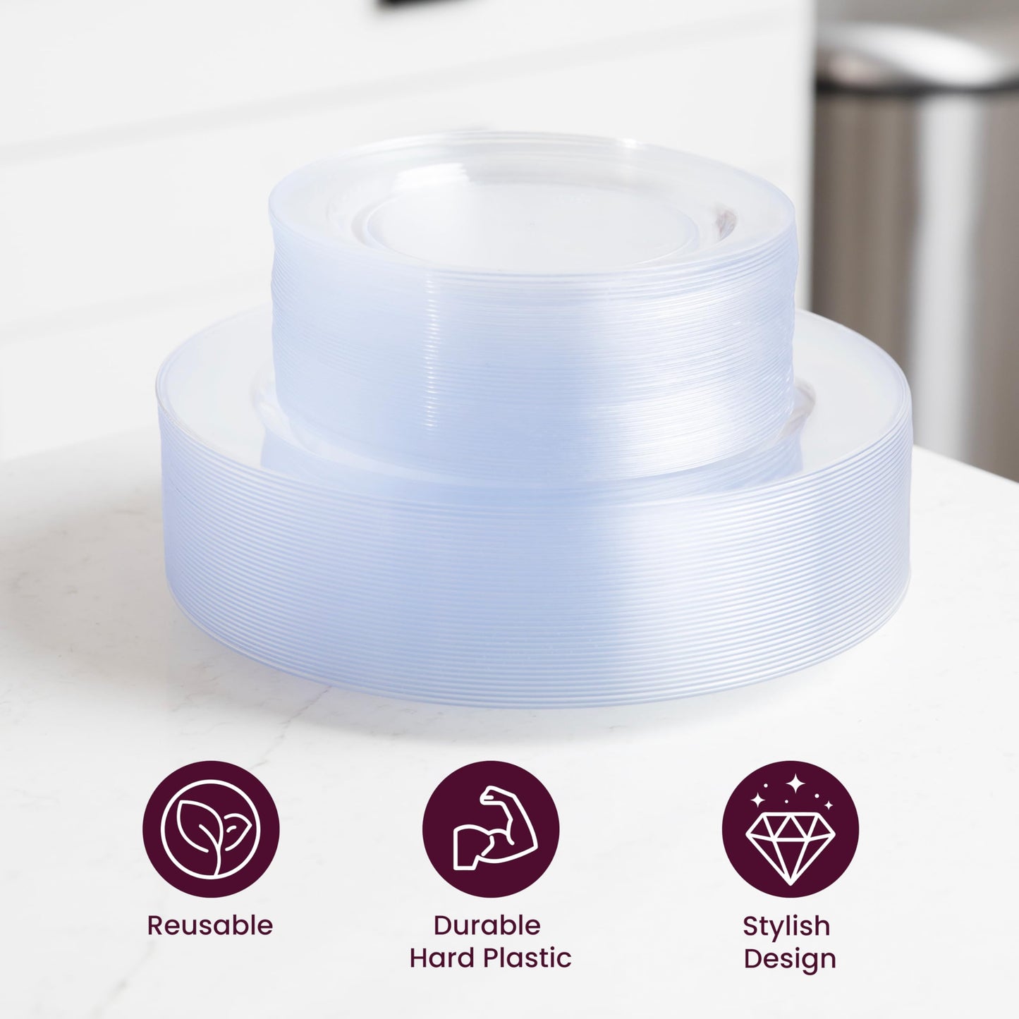 Aya's Cutlery Kingdom 100 Clear Plastic Plates for Party - Heavy Duty Disposable Set of 50 Dinner and 50 Dessert Plates - Elegant Plastic Disposable