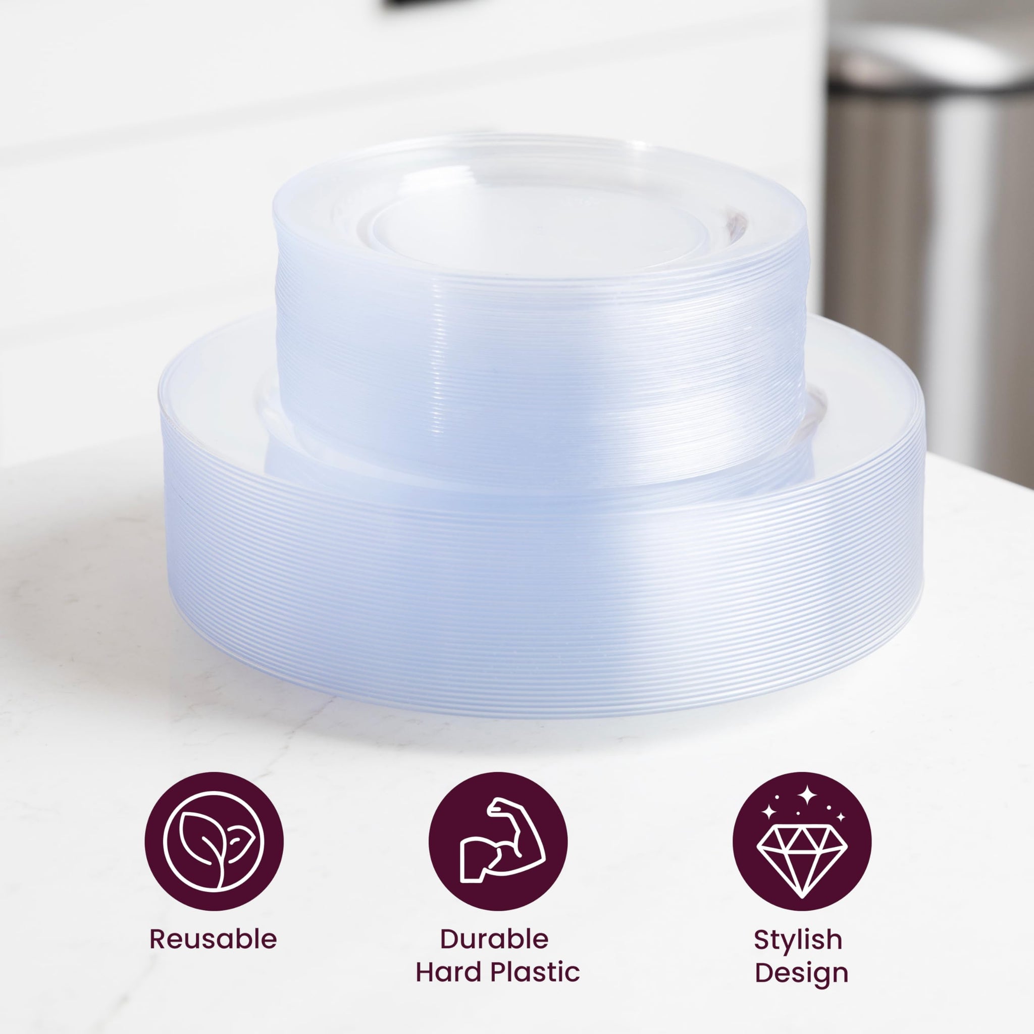 Aya's Cutlery Kingdom 100 Clear Plastic Plates for Party - Heavy Duty Disposable Set of 50 Dinner and 50 Dessert Plates - Elegant Plastic Disposable