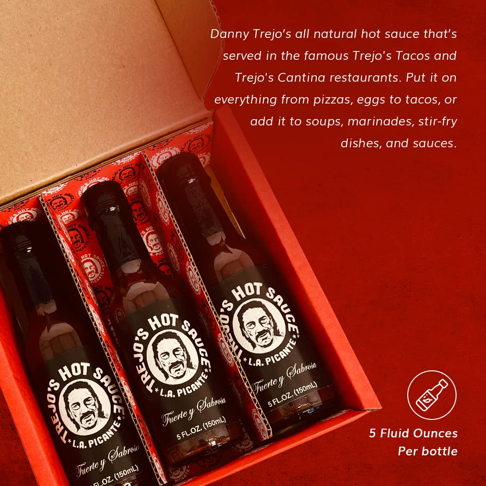 Trejo's Tacos All-Natural Hot Sauce - Medium Heat Blend of Peppers - Zero Calories - Non-GMO - Danny Trejo’s Famous Hot Sauce from Trejo's Tacos