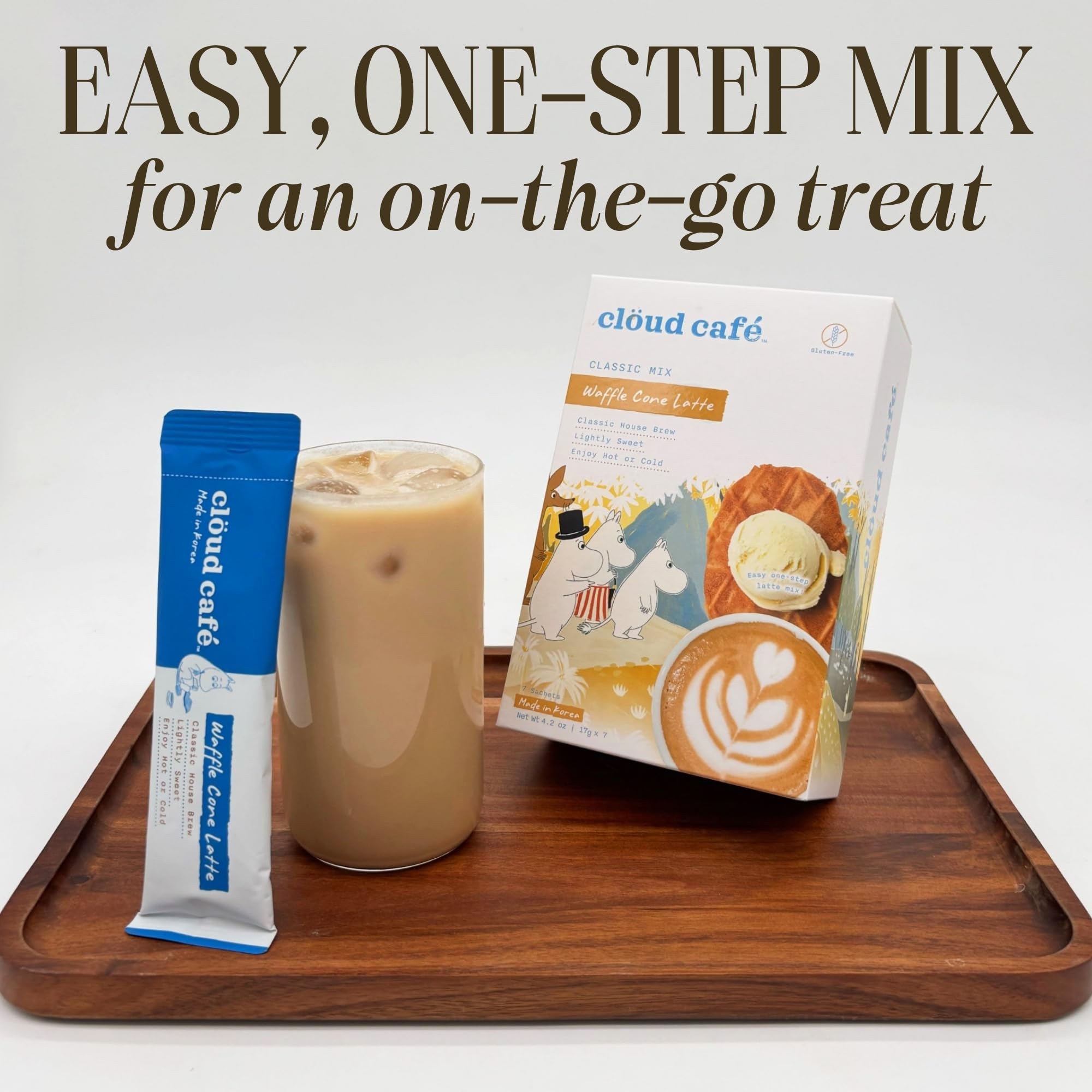 Clöud Café Moomin Waffle Cone Latte Instant Coffee Packets - Classic House Brew - Lightly Sweet - Easy One Step Latte for On-The-Go (7 Sachets)