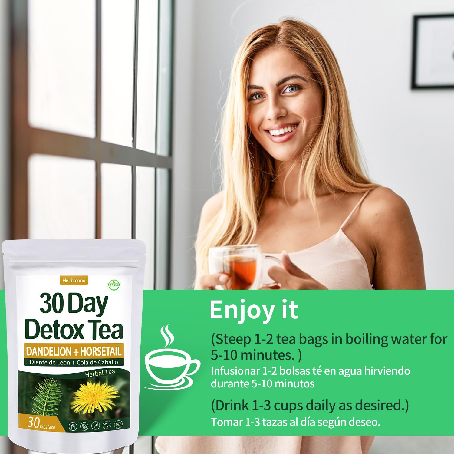 Herbmood 30 Day Detox Tea for body Cleanse, Te de Diente de Leon & cola de caballo Organico Natural, Limpieza de Colon y Desintoxicar, Digestive