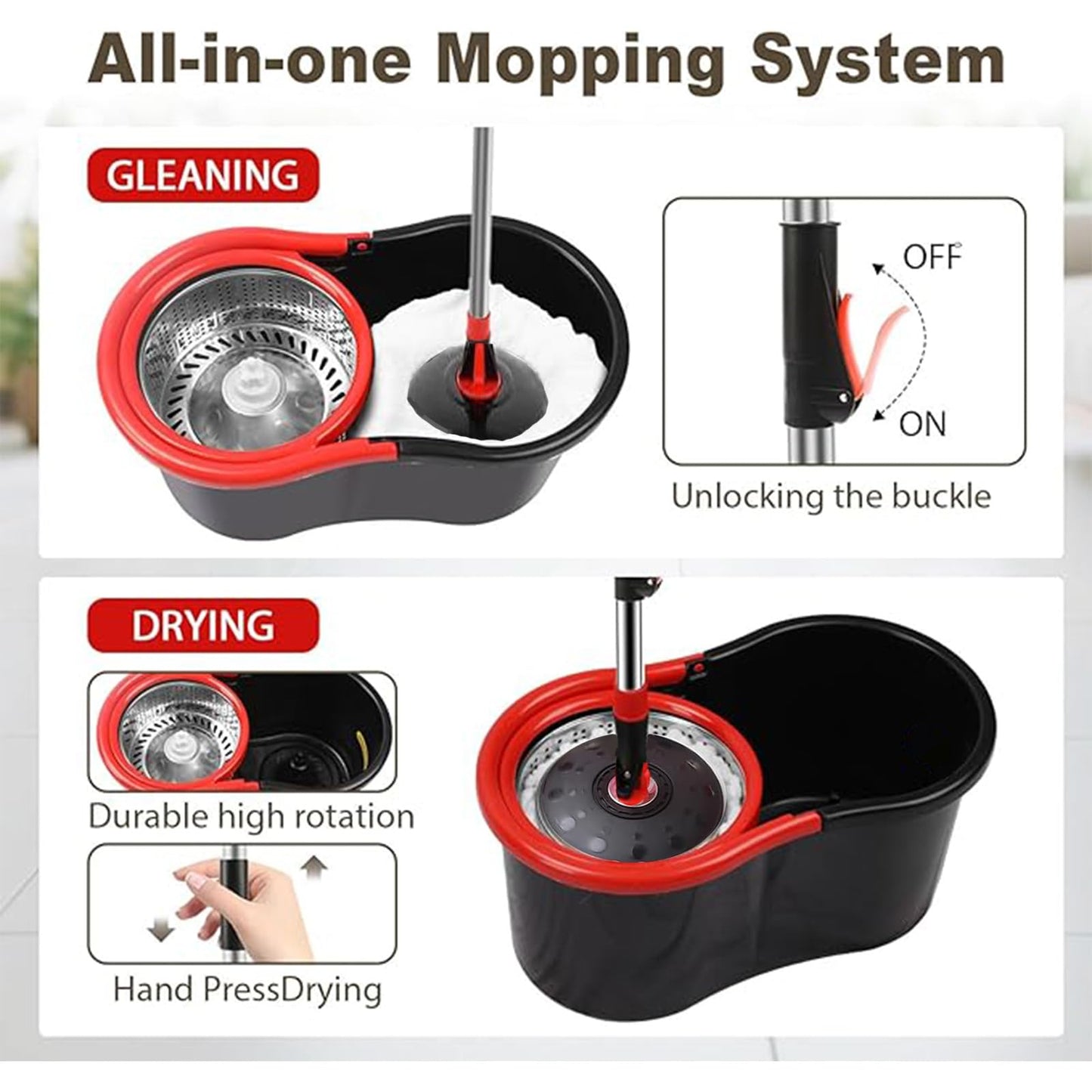 PULNDA Spin Mop and Bucket with Wringer Set, 360° Spinning Mop Bucket System with 1 Microfiber Mop Replacement Heads and 50" Stainless Steel