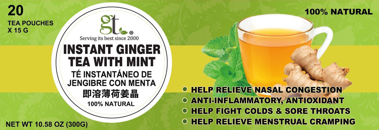 GT Instant Ginger Tea With Mint, 10.58 Ounce Box (20 Tea Pouches)