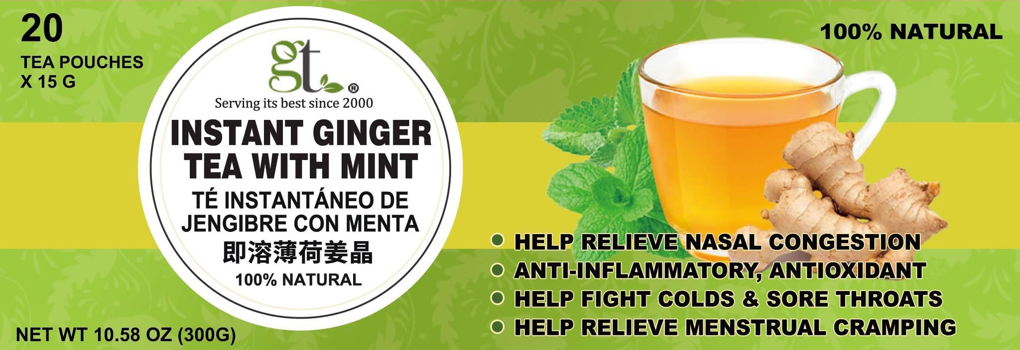 GT Instant Ginger Tea With Mint, 10.58 Ounce Box (20 Tea Pouches)