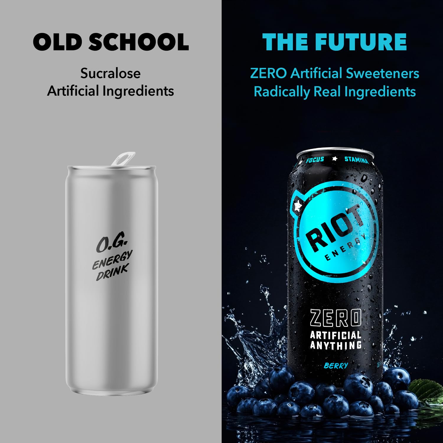RIOT Clean Energy Drink - Berry | No Sucralose, No Sugar Added, No Artificial Flavors | 160mg Natural Caffeine + 100mg L-Theanine | Clean Focus