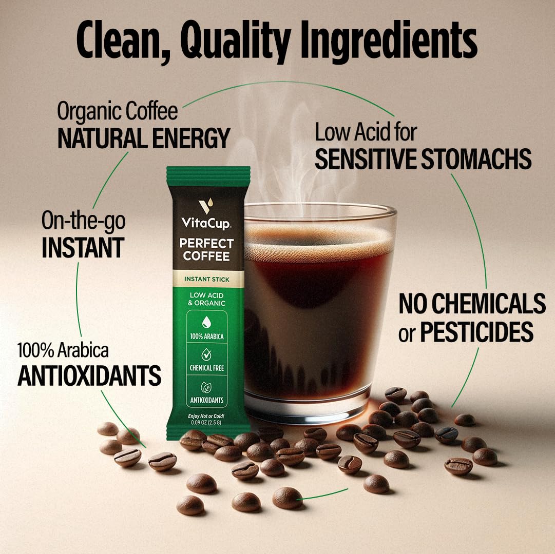 VitaCup Perfect Low Acid Instant Coffee Packets, Dark Roast Coffee, USDA Organic & Fair Trade, Third Party Tested for Mycotoxins & Pesticides, Single
