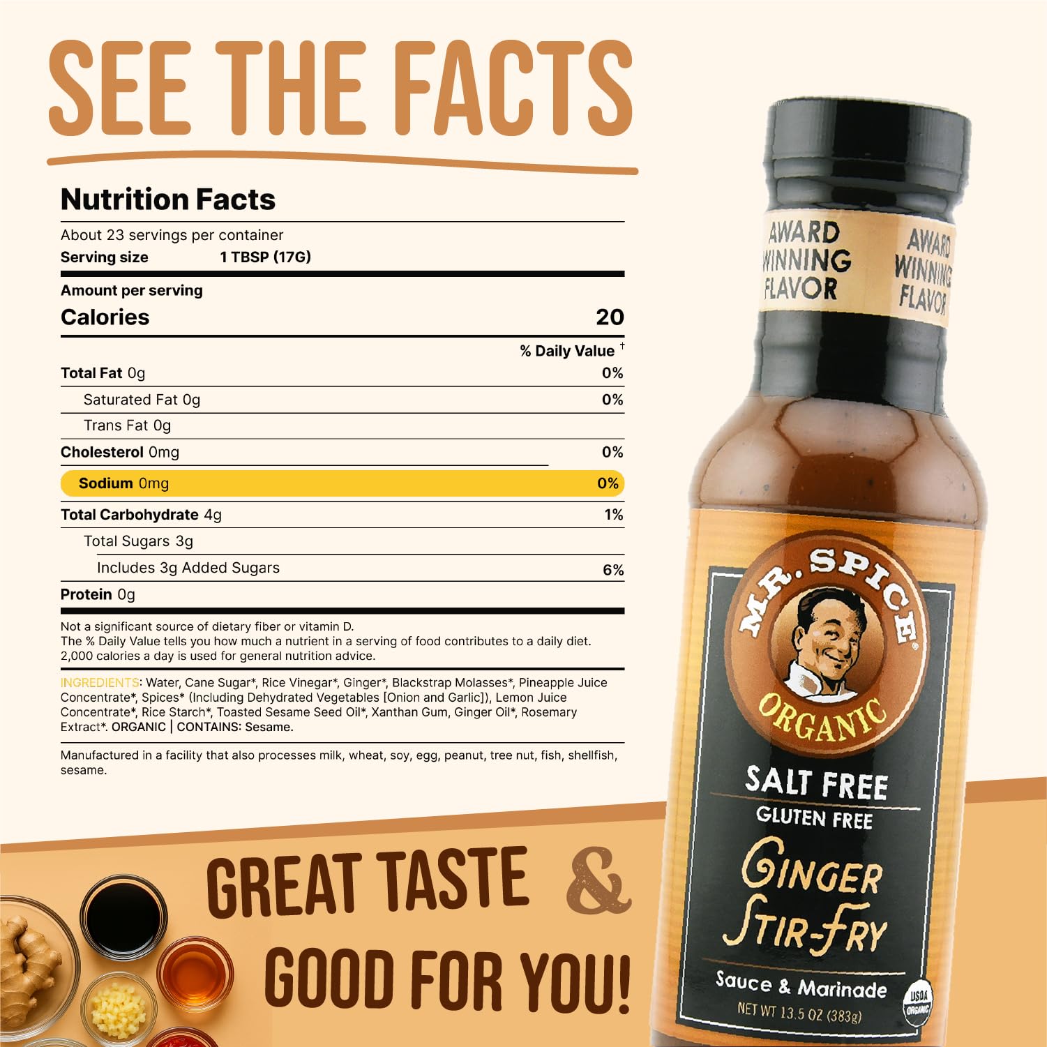 Mr. Spice Organic Ginger Stir Fry Sauce, Salt Free Stir Fry Sauce (0 mg/serving), Gluten Free, Low Sodium Sauces for Marinade, Wok & Air Fryer, No