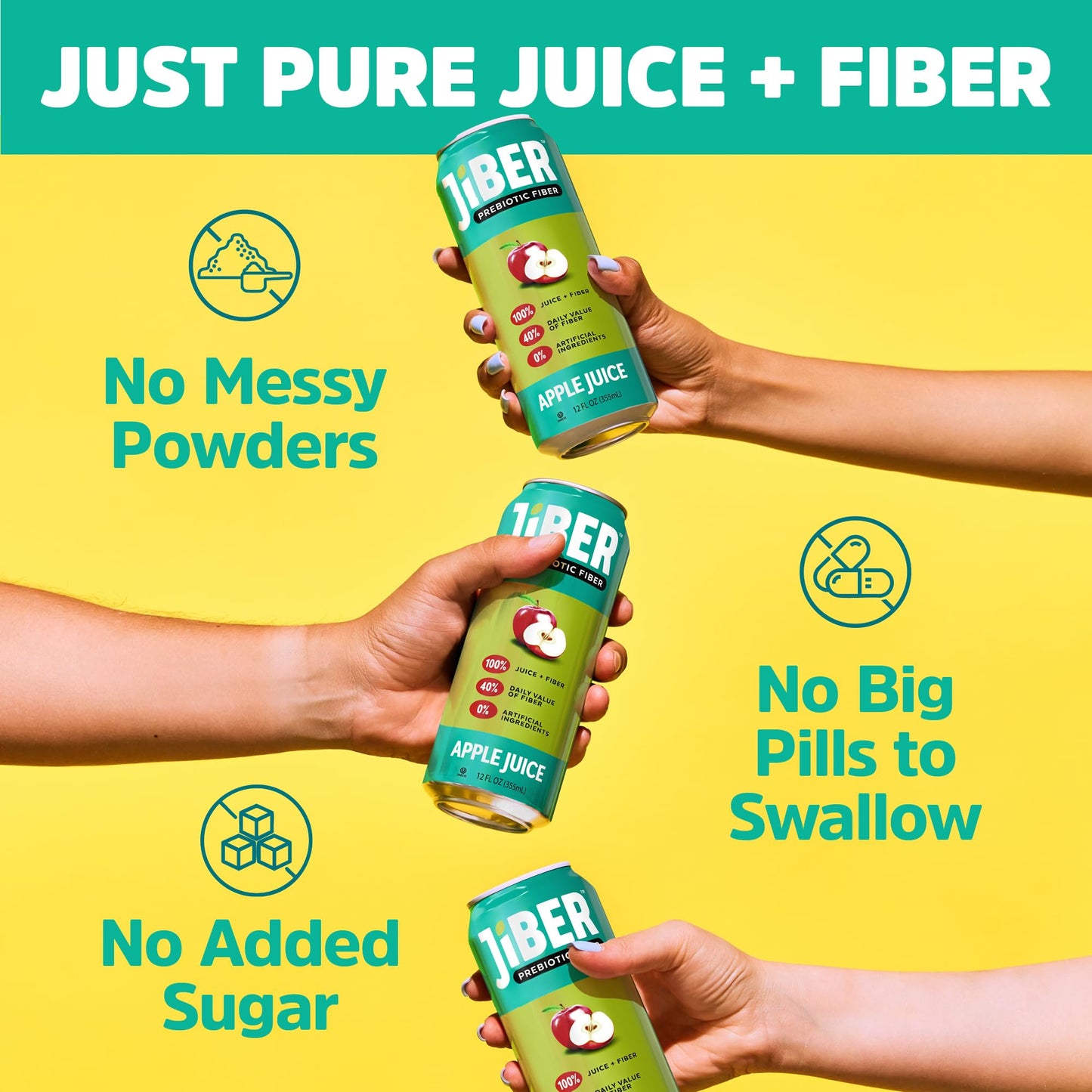 JIBER High Fiber Apple Juice Drink - No Sugar Added - 12 fl oz Apple Juice Cans with 40% Daily Fiber - Prebiotic Drink- Healthy Drinks for Kids