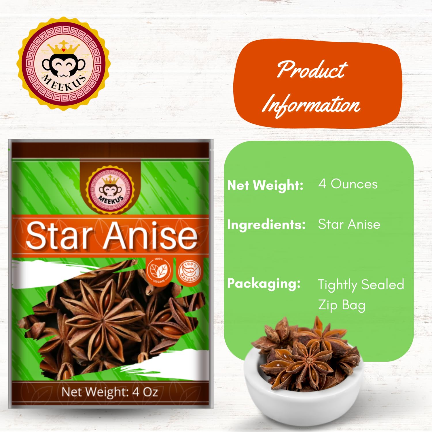 Meekus Premium Star Anise Whole - Aromatic Spice for Flavorful Seasoning & Tea- Pure Star Anise Seeds, Ideal for Culinary Use - 4 oz (1 Pack?