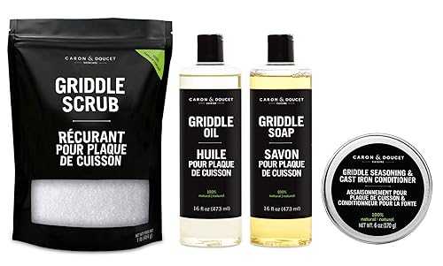 CARON & DOUCET - Ultimate Griddle Set | Seasoning, Oil, Soap & Salt Scrub | 100% Plant-Based & Best to Season, Clean, Care, Restore, Maintain