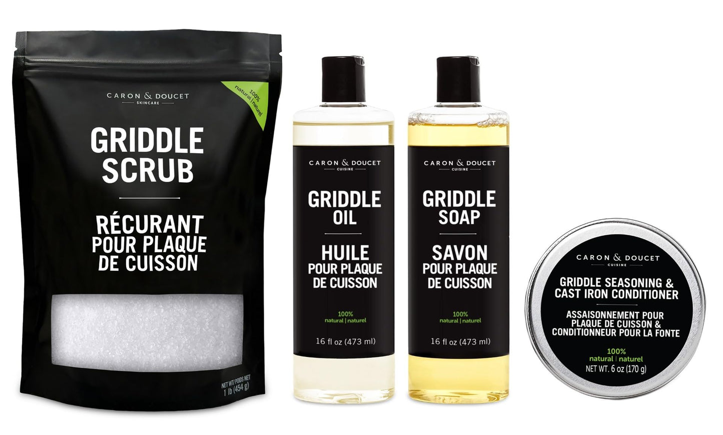CARON & DOUCET - Ultimate Griddle Set | Seasoning, Oil, Soap & Salt Scrub | 100% Plant-Based & Best to Season, Clean, Care, Restore, Maintain