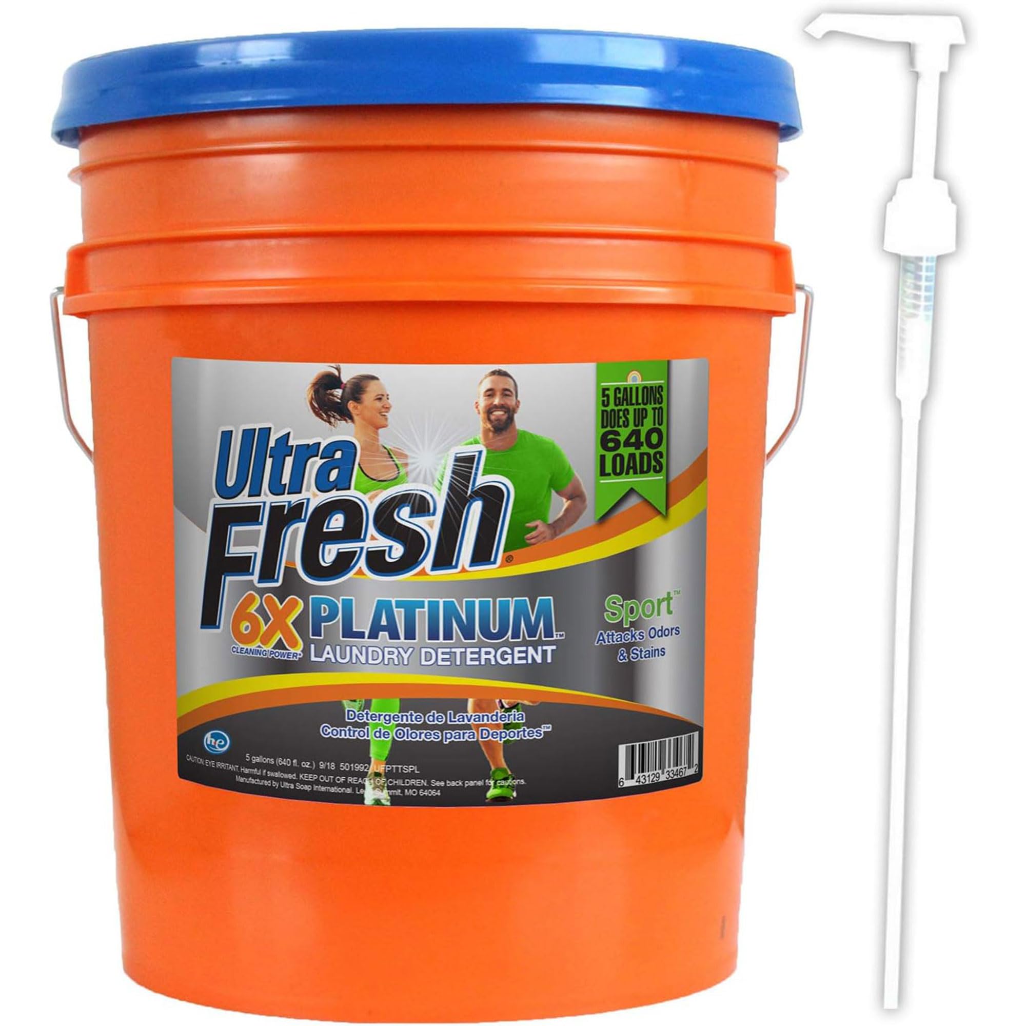 Ultra Fresh Platinum Sport 5 Gallon 6X Laundry Detergent Suitable for All Machine Type and Up to 640 Laundry Loads with Pump (2 Pack)