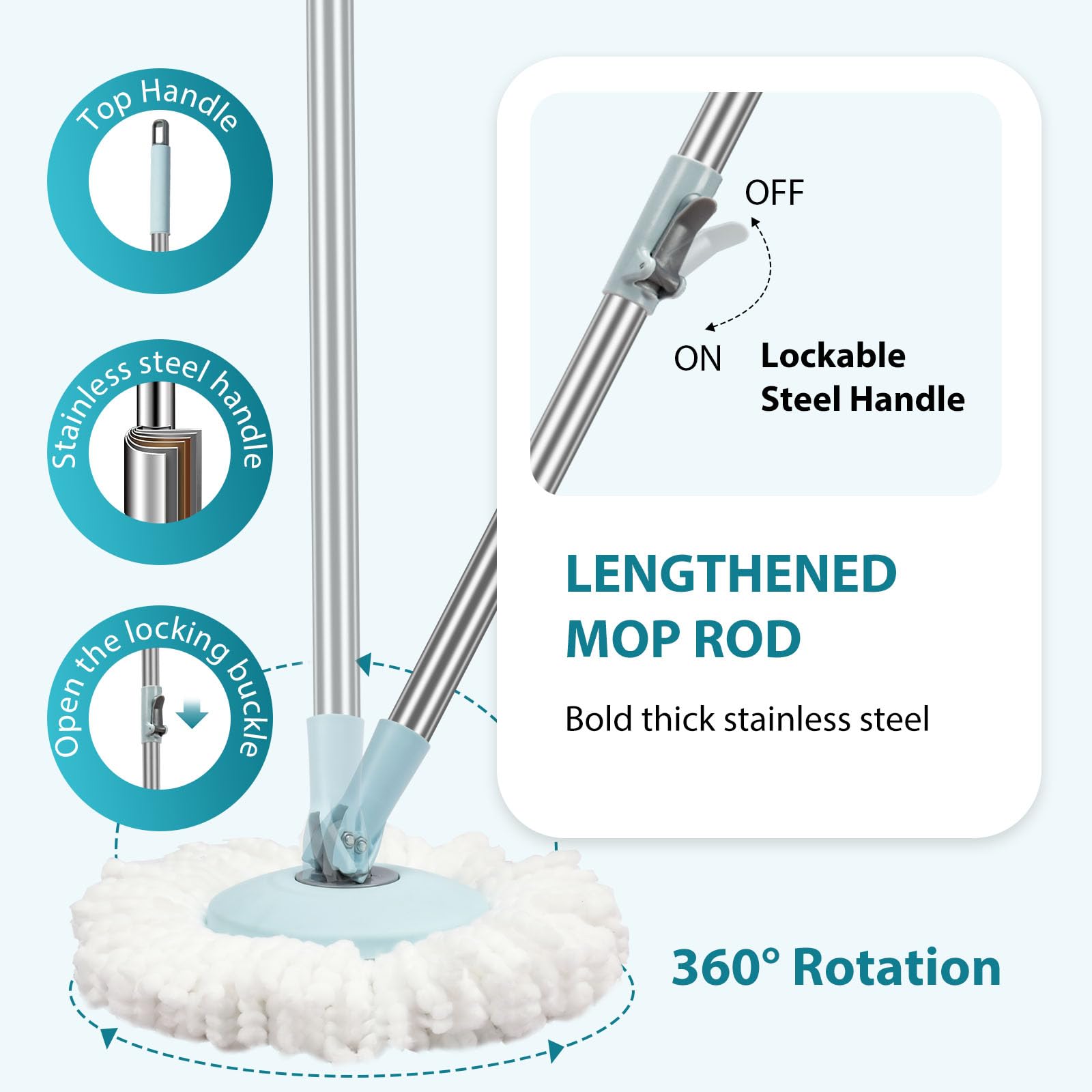Spin Mop and Bucket with Wringer Set, Operable 360° Rotating Mop Bucket Set with 3 Microfiber Replacement Head, Stainless Steel Extended Handle