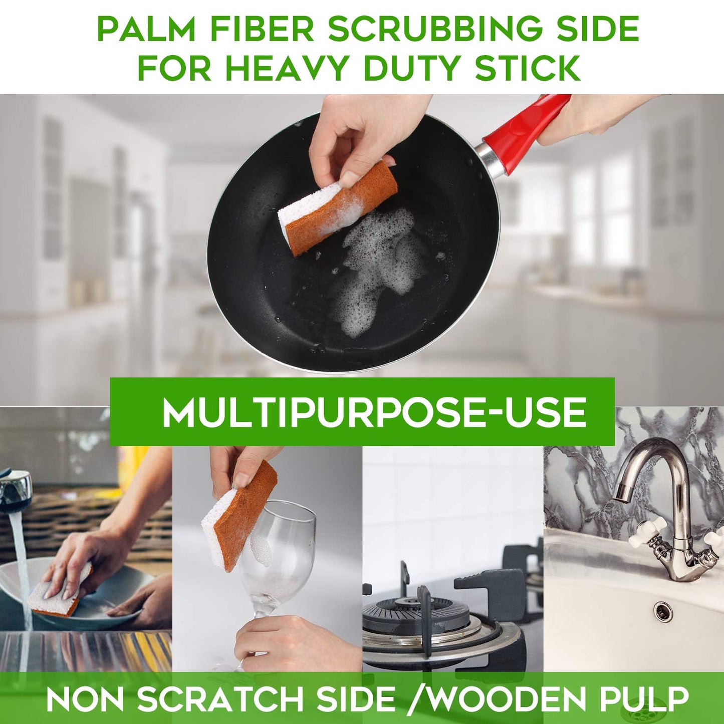 Natural Plant Based Scrub Sponge 12 Pack, Palm Fiber Scrubbing Sponge with Non Scratch Biodegradable Compostable Sponges,Long Lasting No Smell