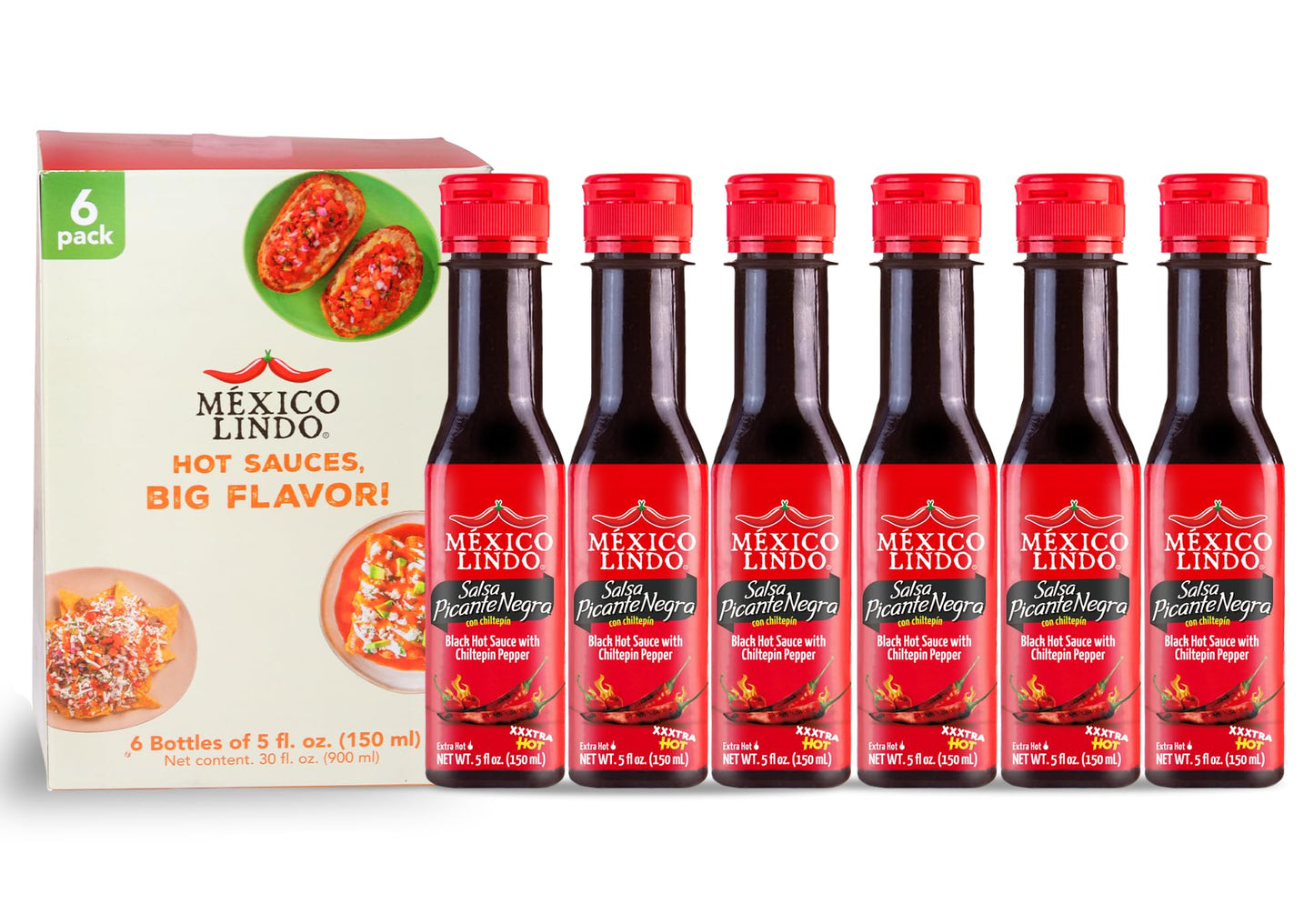 Mexico Lindo Picante Negra Xxxtra Hot Sauce, With Chiltepin Pepper, 5 Fl Oz (Pack of 6)