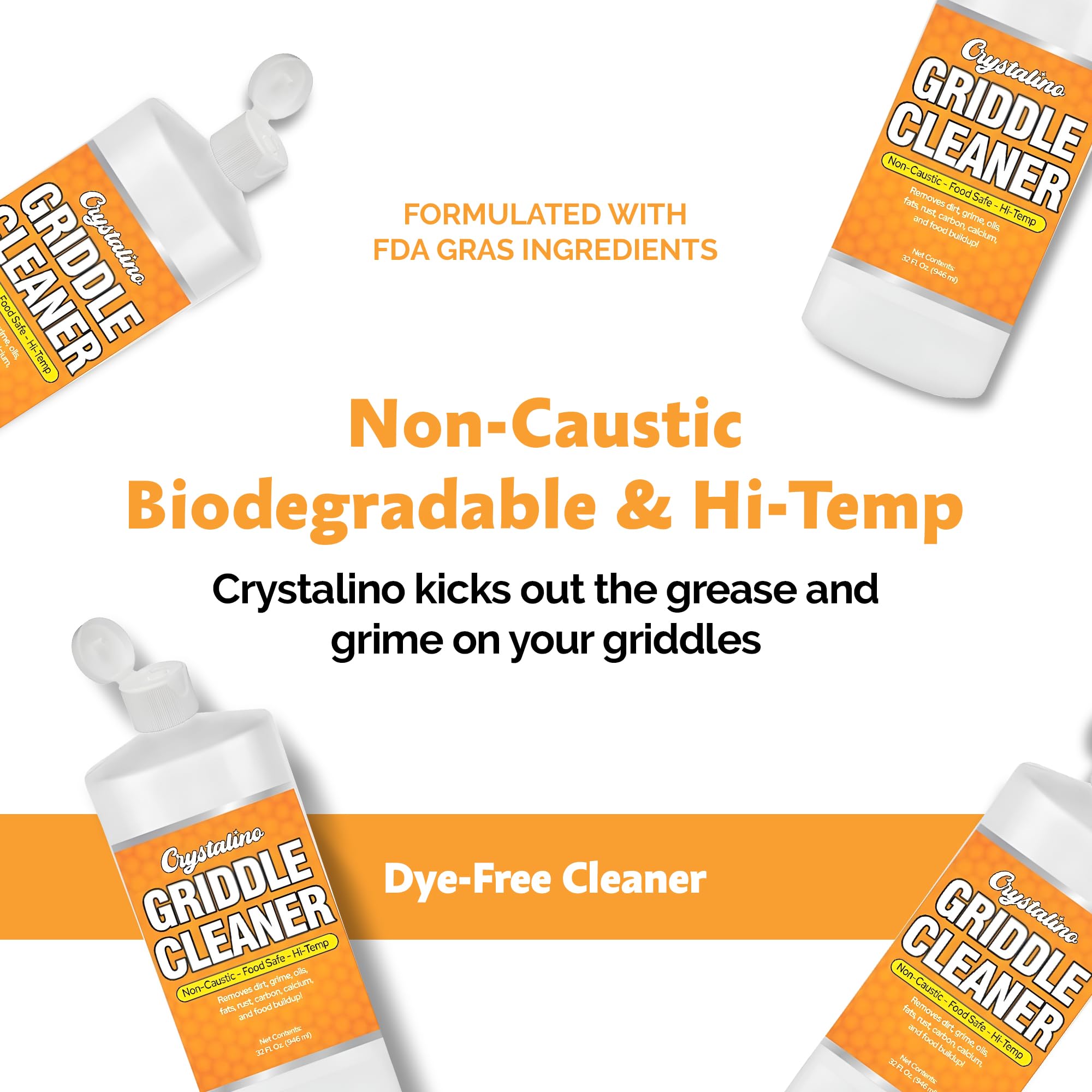Crystalino Flat Top Grill Cleaner (32 Fl Oz), Removes Grease, Rust, Fats, Carbon, and Calcium, Griddle Cleaning Kit, Use on Stainless Steel as Wolf
