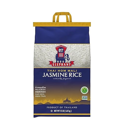 817 Elephant Thai Hom Mali Jasmine Rice - 15 lb Bag - Authentic White Rice - Great for Thai Recipes, Curries & Pilafs - Cook in Microwave or on Stove Top