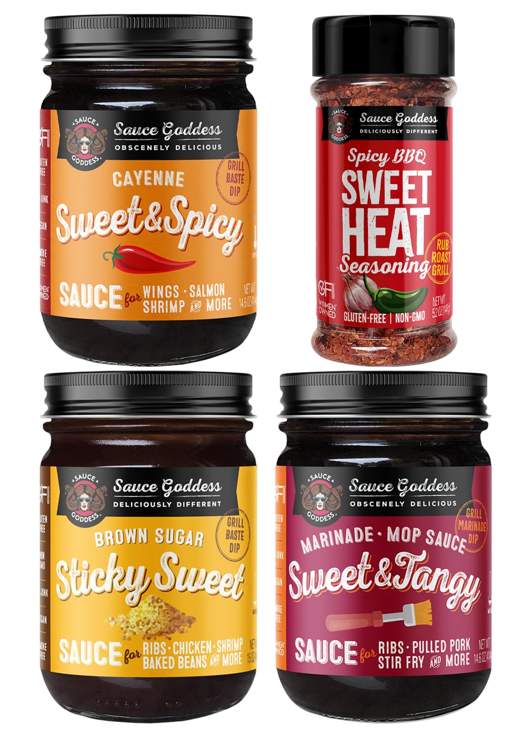 Sauce Goddess - Rib Kit Gift Pack - Sticky Sweet Sauce, Tangy Marinade, Sweet & Spicy Cayenne Sauce, BBQ Sweet Heat Shaker -Sauces & Seasoning