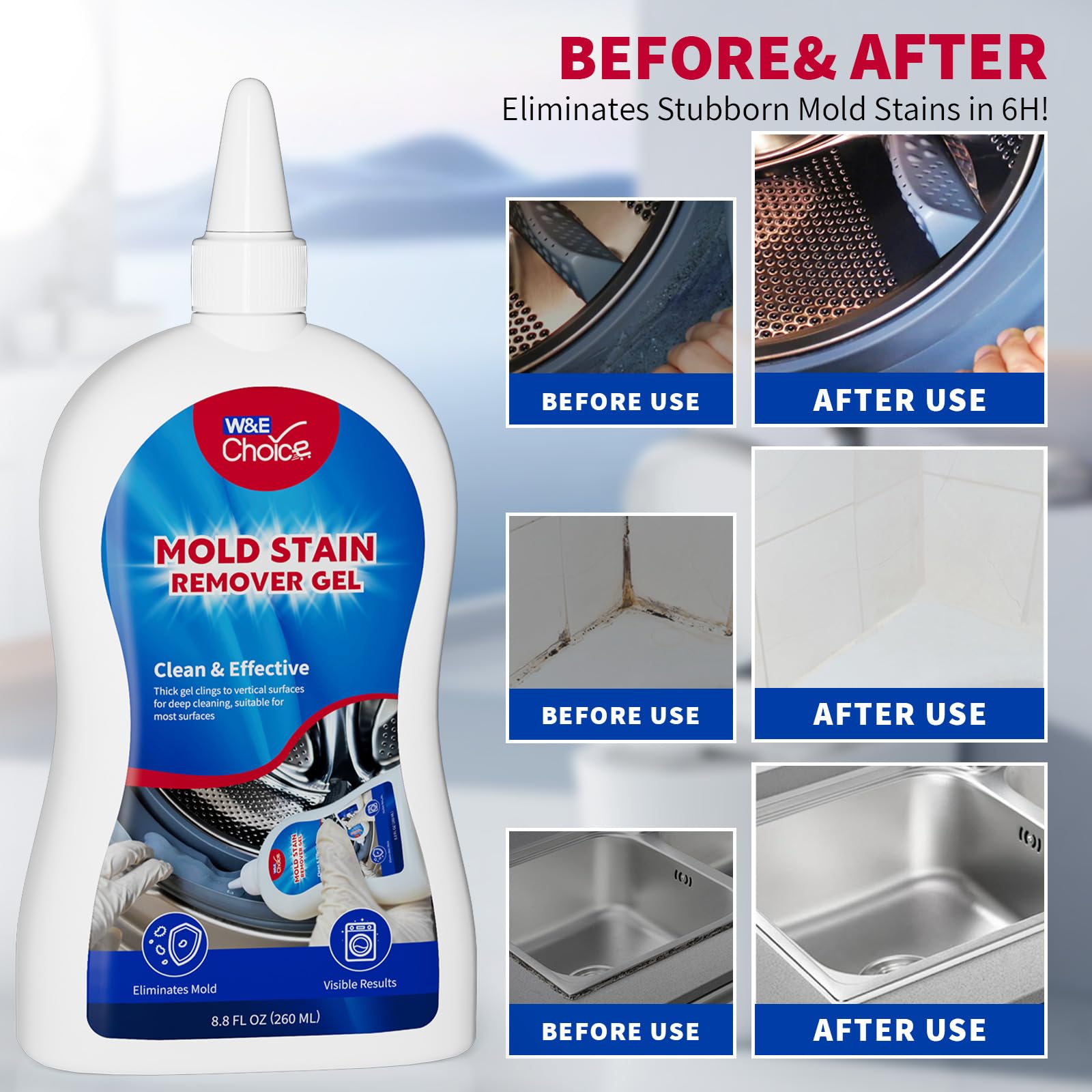 W&E Choice Stain Remover Gel Cleaner for Shower, Bathroom Tile Grout and Caulk - Heavy Duty Cleaner for Front Load Washing Machine Rubber Seal - No