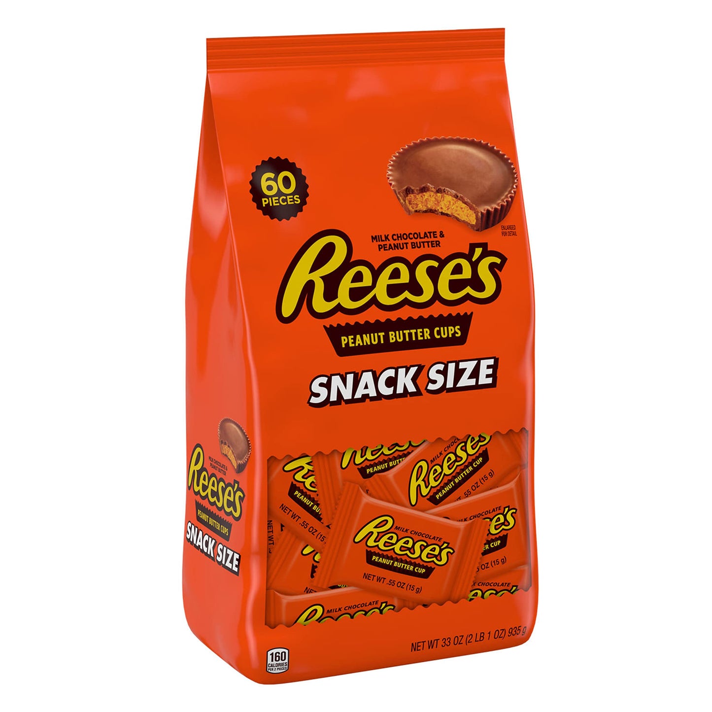 REESE'S Milk Chocolate Snack Size Peanut Butter Cups, Candy Bag, 33 oz (60 Pieces)