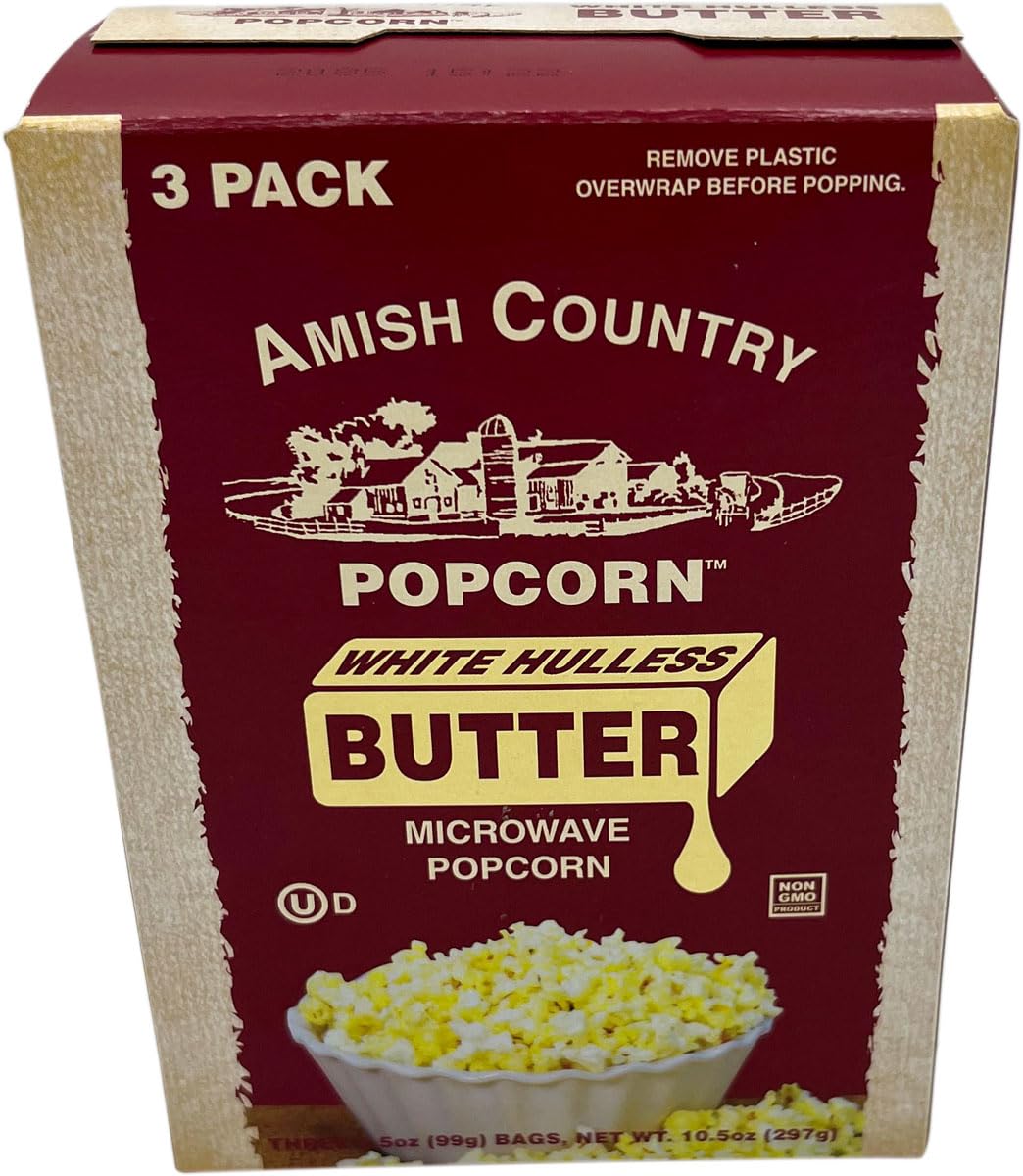 Amish Country Popcorn | Old Fashioned Microwave Popcorn | Medium White 3 Pack Butter | Non-GMO, Gluten Free, Microwaveable and Kosher (3 Bags)