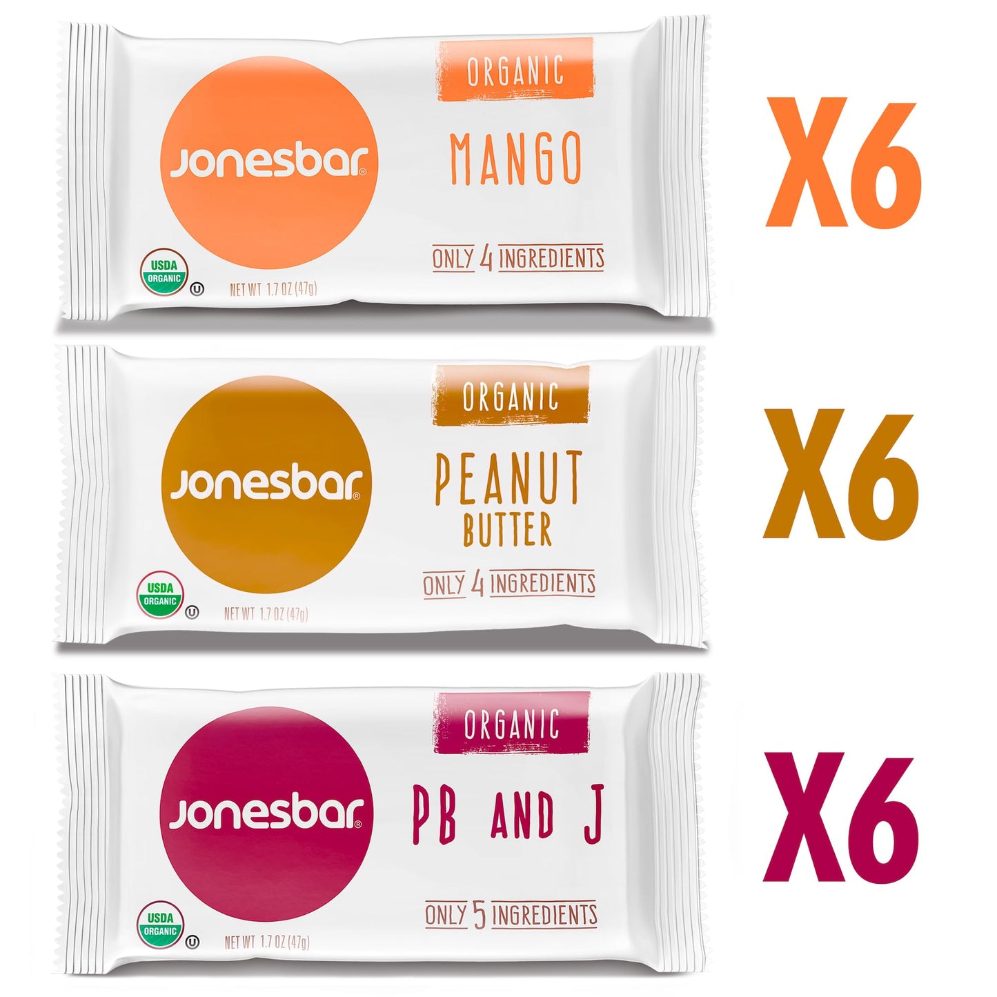 JONESBAR Organic Plant Based Protein Bars | 18 Count Variety Pack | Fruit & Nut Bar, Kosher, Gluten Free, Breakfast Bars, School Snacks, Vegan Snack