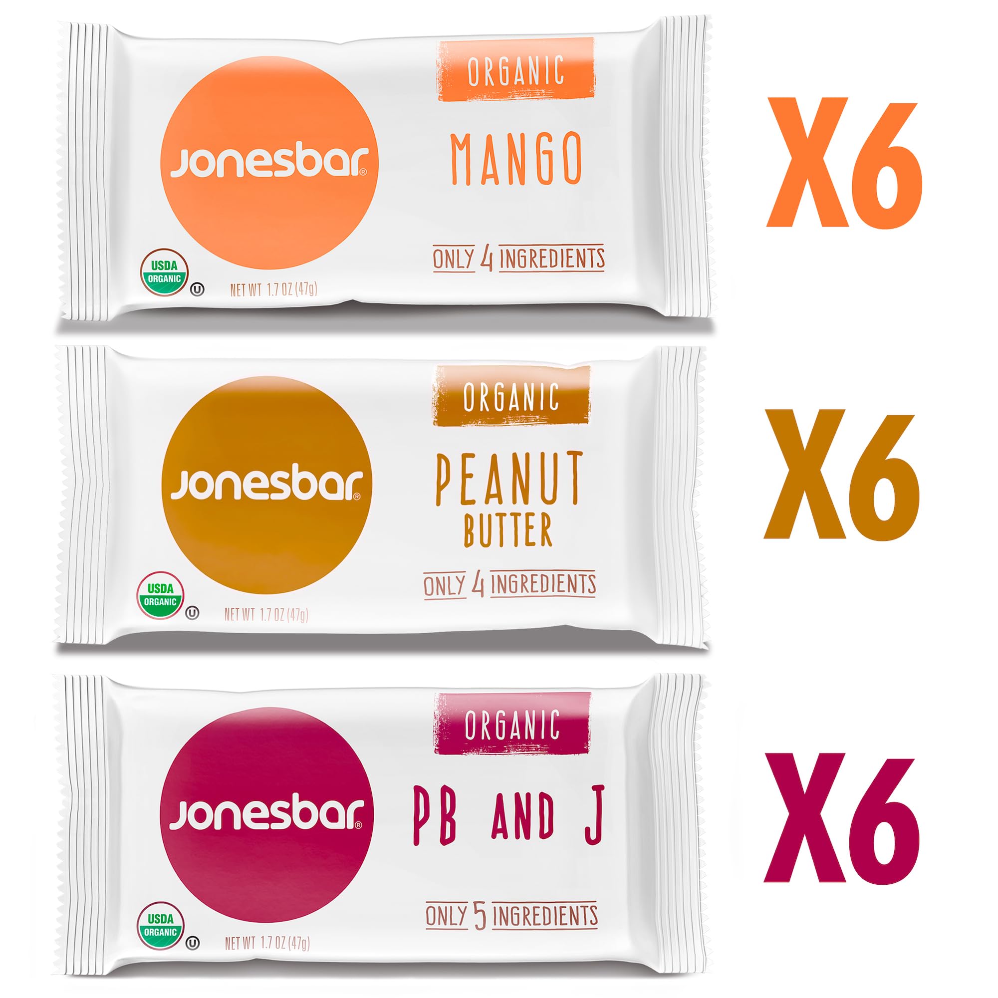 JONESBAR Organic Plant Based Protein Bars | 18 Count Variety Pack | Fruit & Nut Bar, Kosher, Gluten Free, Breakfast Bars, School Snacks, Vegan Snack