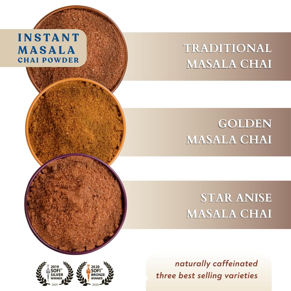 Blue Lotus Chai Tea - Horizon Collection Variety Box - Makes 50 Cups - Golden, Star Anise & Traditional Masala Spiced Chai Powder - Instant Indian Tea