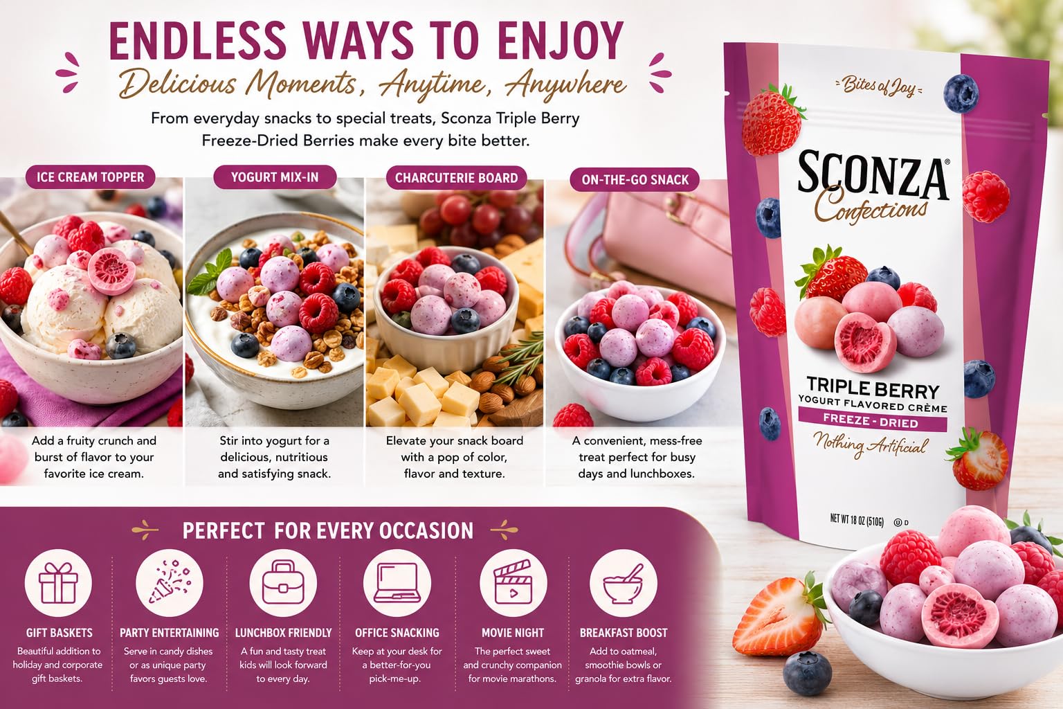 Sconza Triple Berry Freeze-Dried Berries Covered in Yogurt Flavored Crème, Strawberry Blueberry Raspberry Candy Snack, Resealable Bag, 18 oz