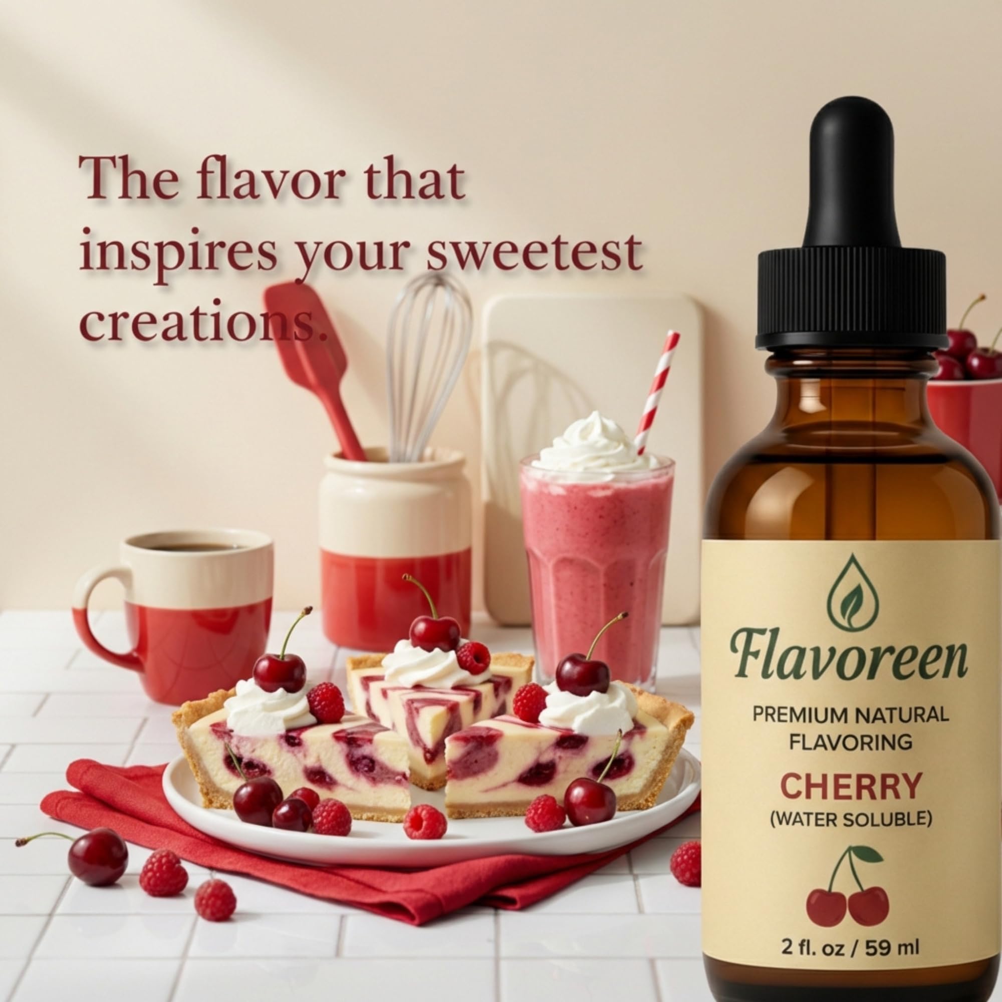 Flavoreen Cherry Extract - Highly Concentrated Liquid Flavoring - Water Soluble - for Drinks, Candy Making, Baking, Icing & Sodas - Premium Cherry