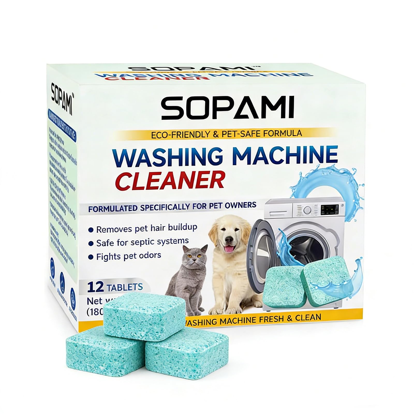 SOPAMI Washing Machine Cleaner Tablets 12 Pack, Deep Clean HE Front Load Top Load Washer, Remove Stubborn Pet Hair Odors, Septic Safe Pet Owner
